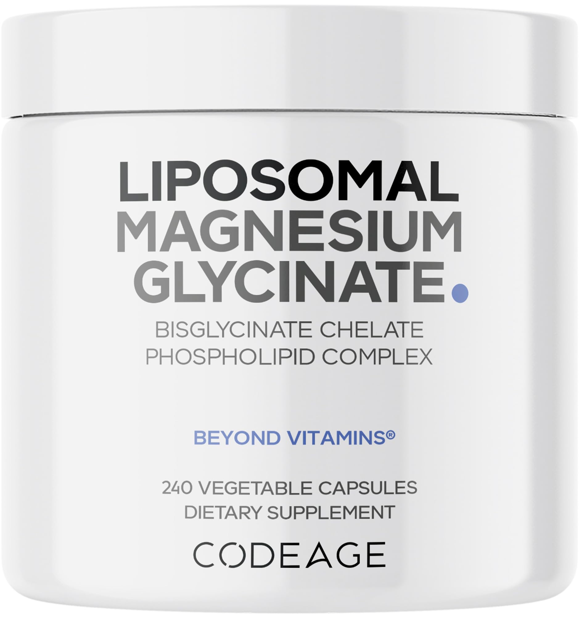 Codeage Magnesio Liposomal, botella frontal, apoyo diario al bienestar.