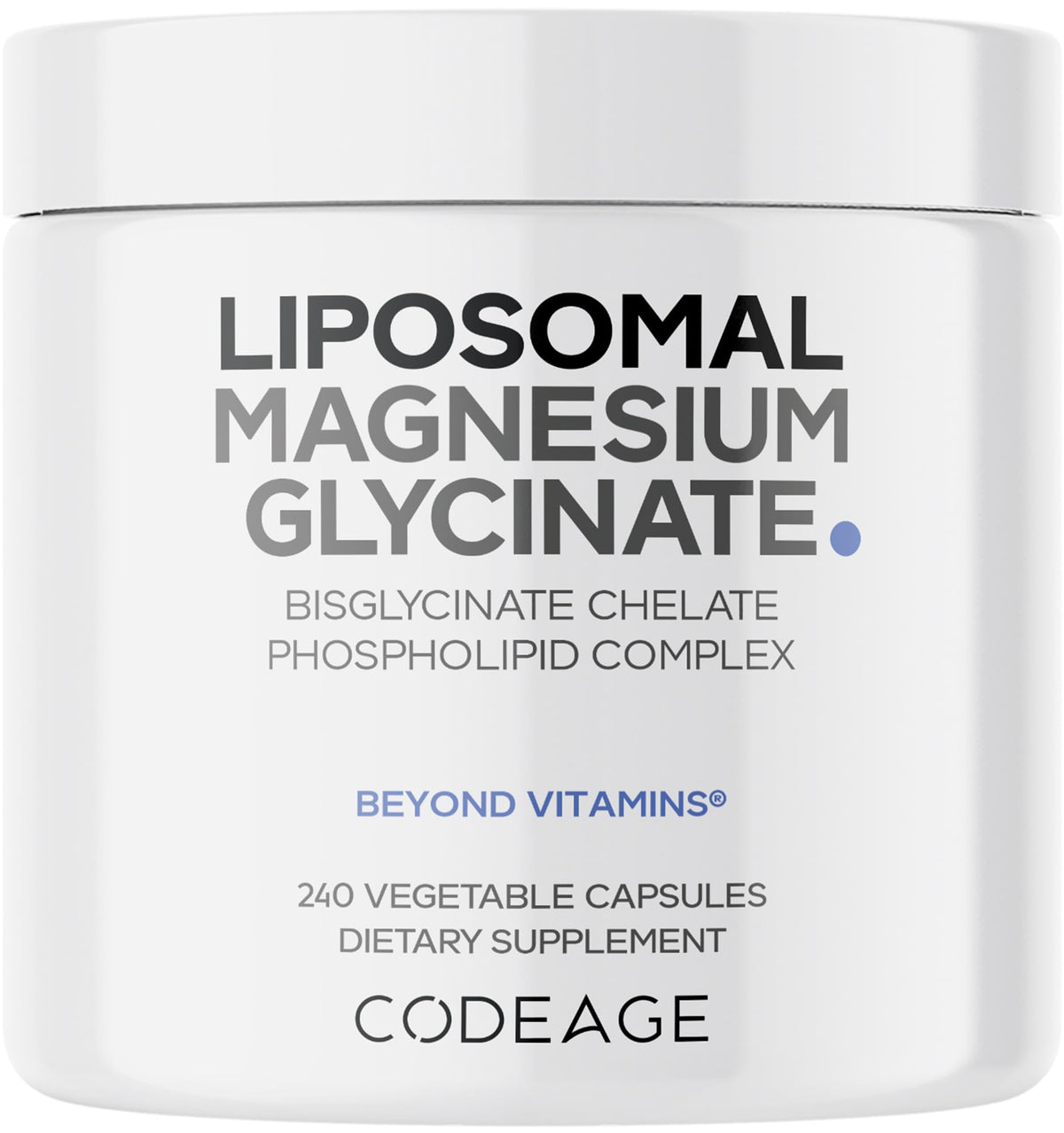 Codeage Magnesio Liposomal, botella frontal, apoyo diario al bienestar.