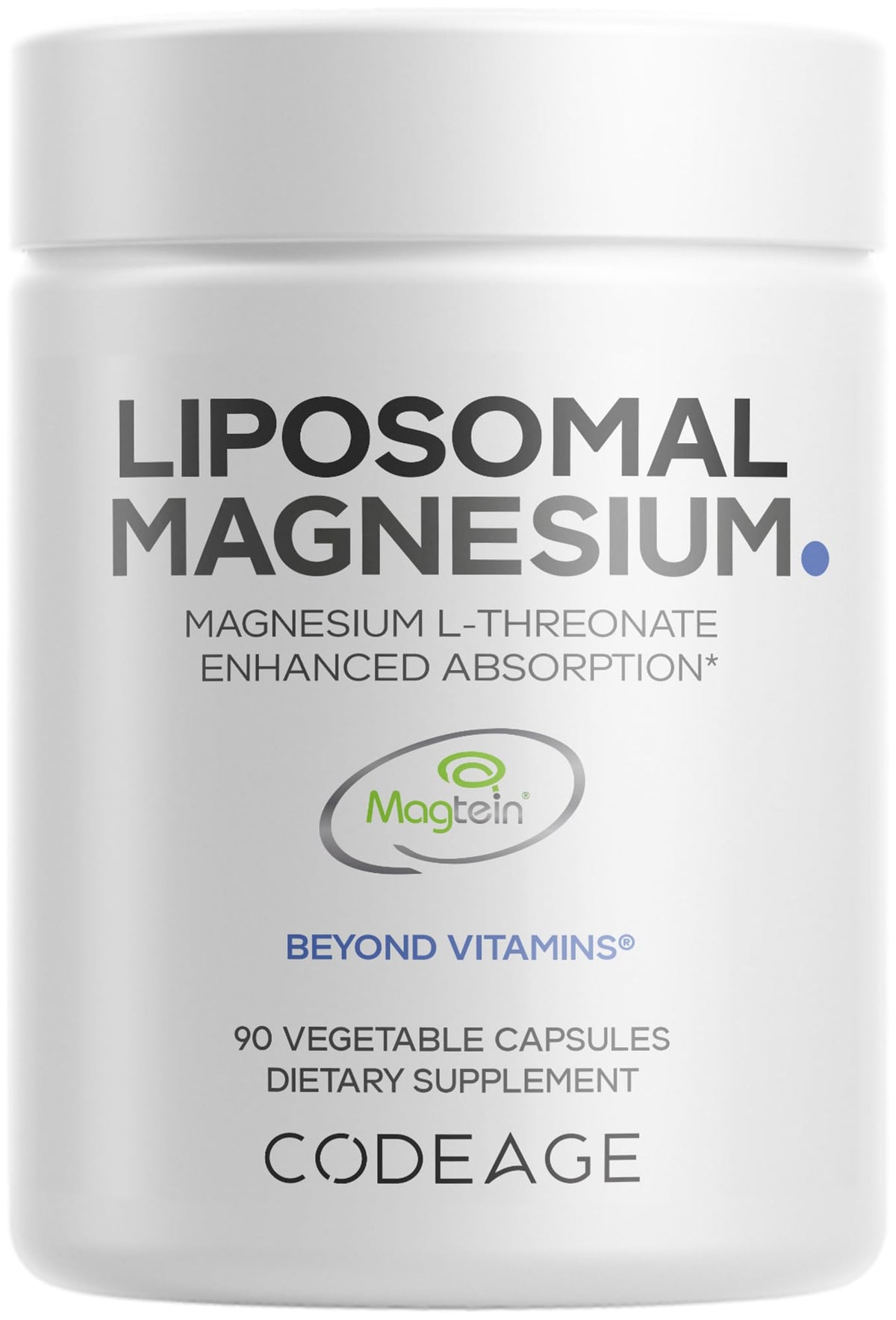 Codeage Magtein liposomales en botella de capsulas para apoyo diario de la salud cerebral.