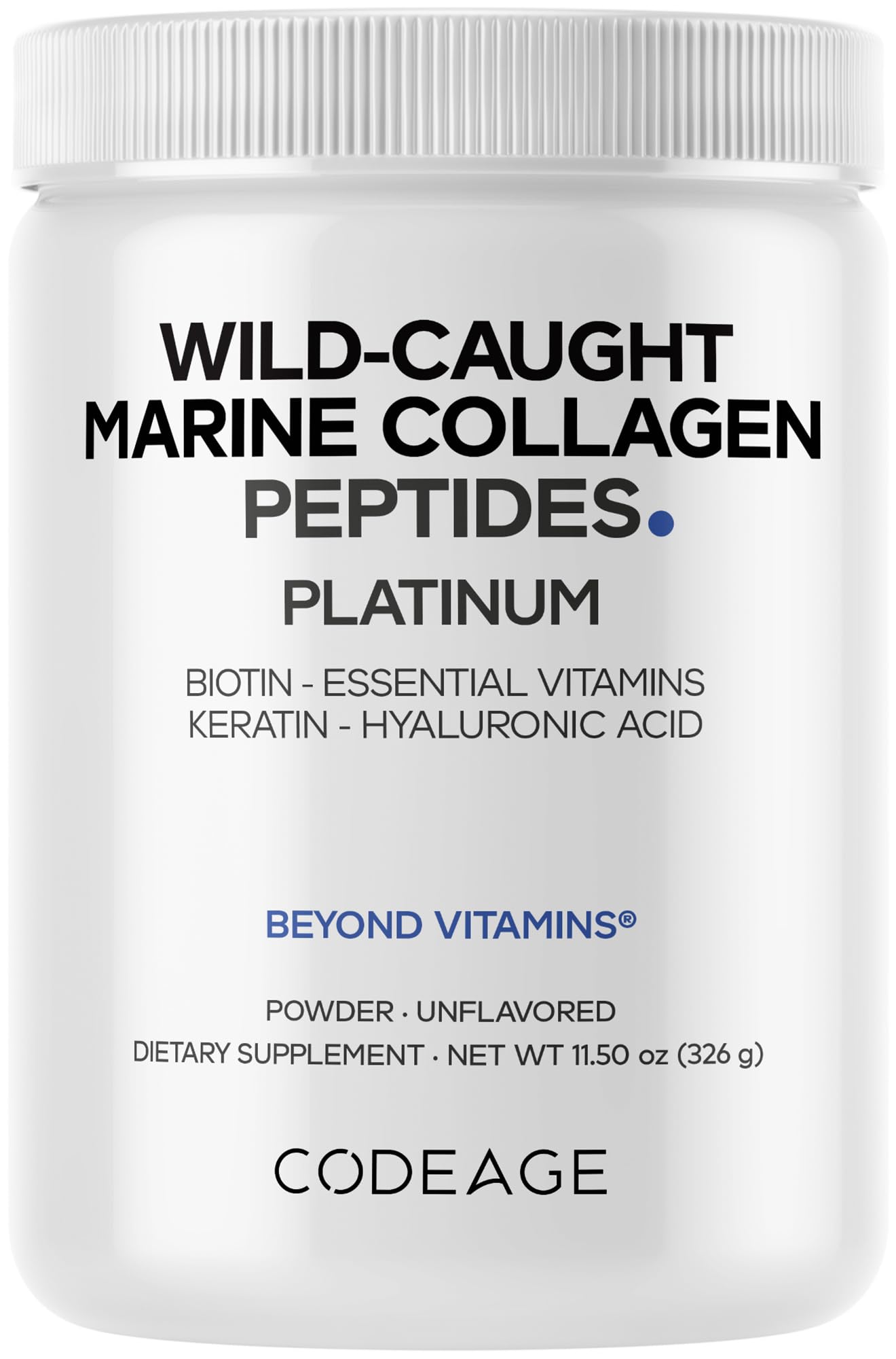 Codeage Marine Collagen Frasco frente, ideal para incorporar en bebidas diarias.