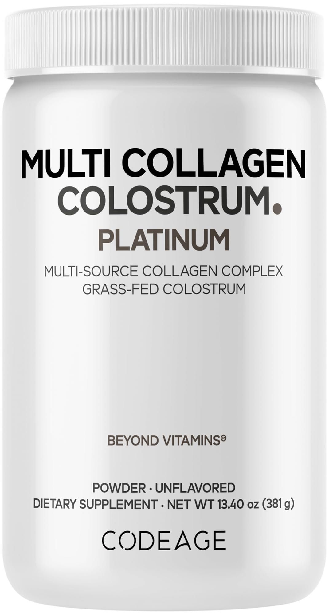 Codeage Multi Colágeno Colostro Platino en botella, apoyo diario para piel y articulaciones.