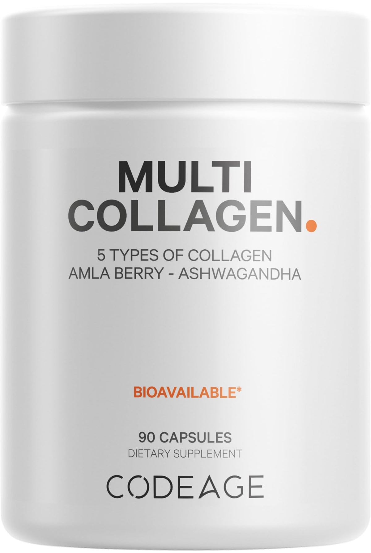 Codeage Multi Collagen: botella y etiqueta visibles, suplemento completo de colágeno para uso diario.