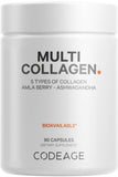 Codeage Multi Collagen: botella y etiqueta visibles, suplemento completo de colágeno para uso diario.