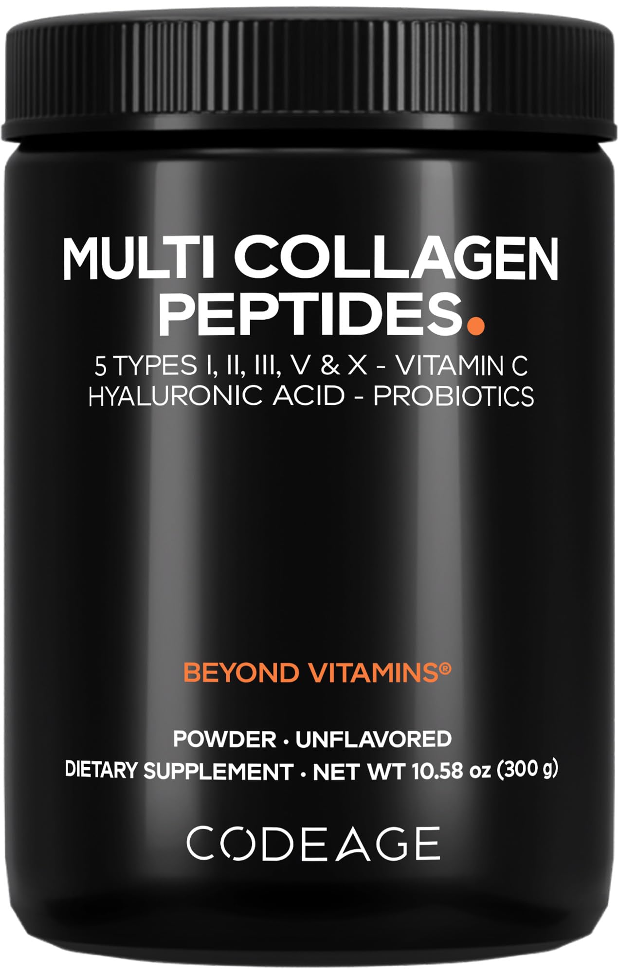 Envase de Codeage Multi Collagen Probiotics Black Edition para uso diario.
