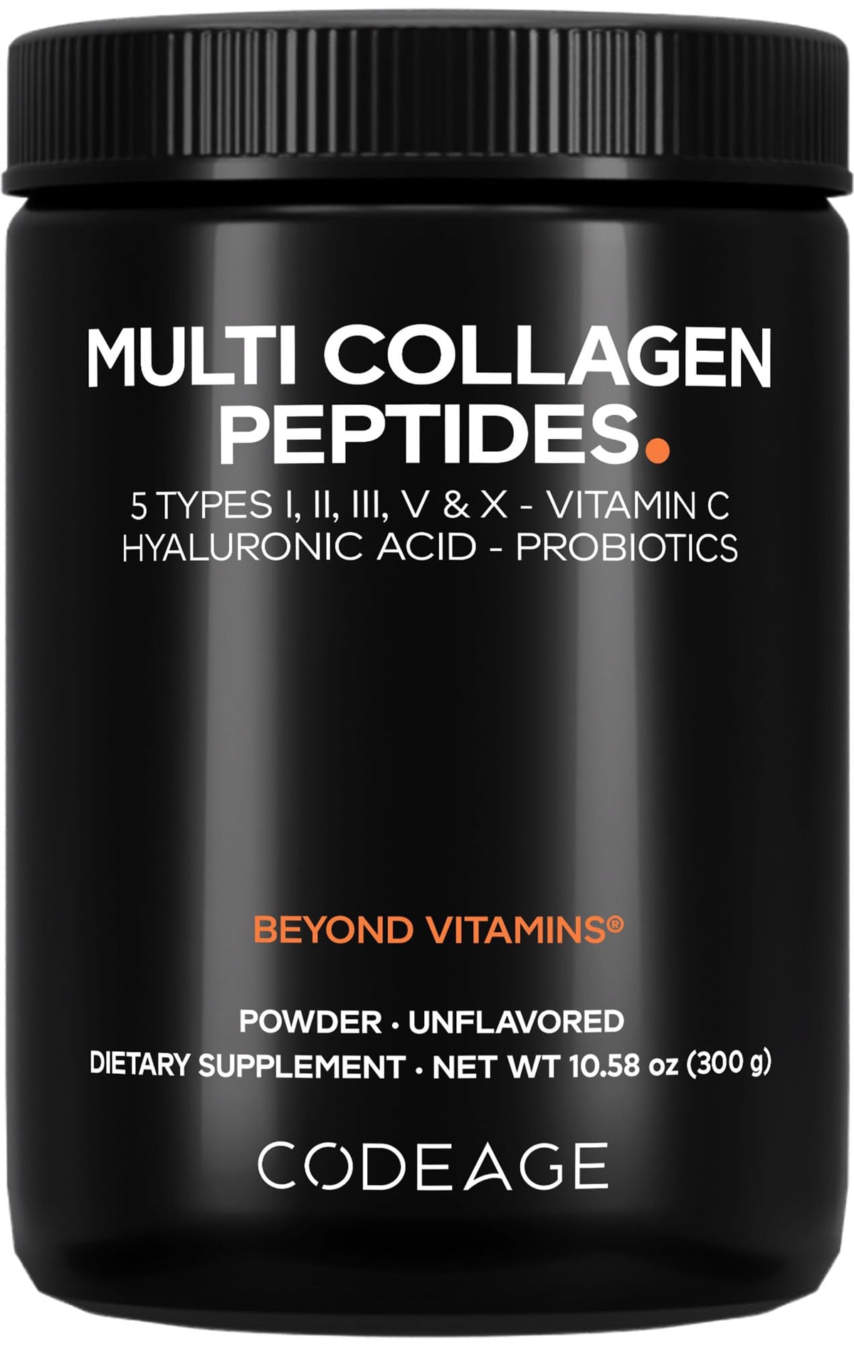 Envase de Codeage Multi Collagen Probiotics Black Edition para uso diario.
