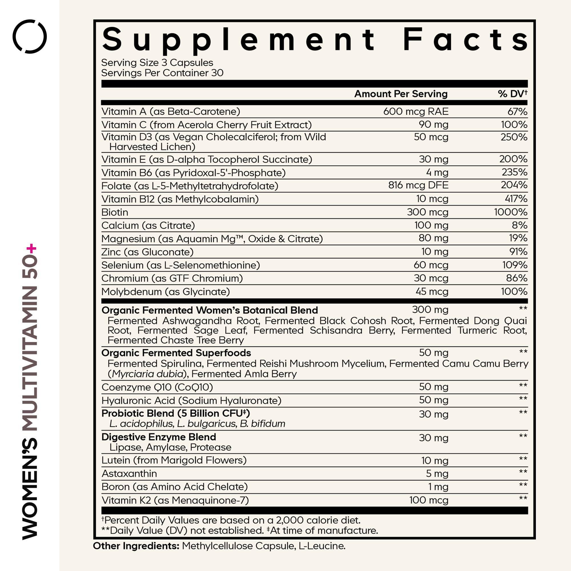 Codeage multivitamínico 50+ cápsulas, ingesta diaria cómoda para mujeres.