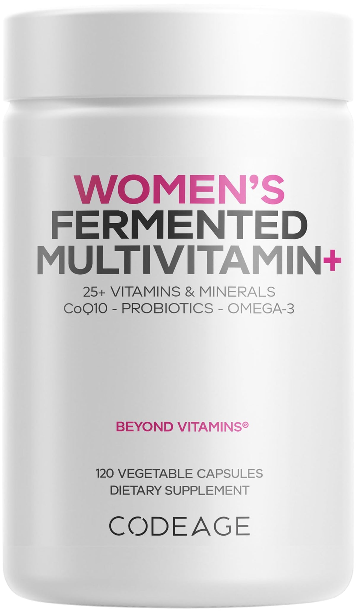Codeage multivitamínico para mujer 25+ en botella, apoyo diario de energía y bienestar.