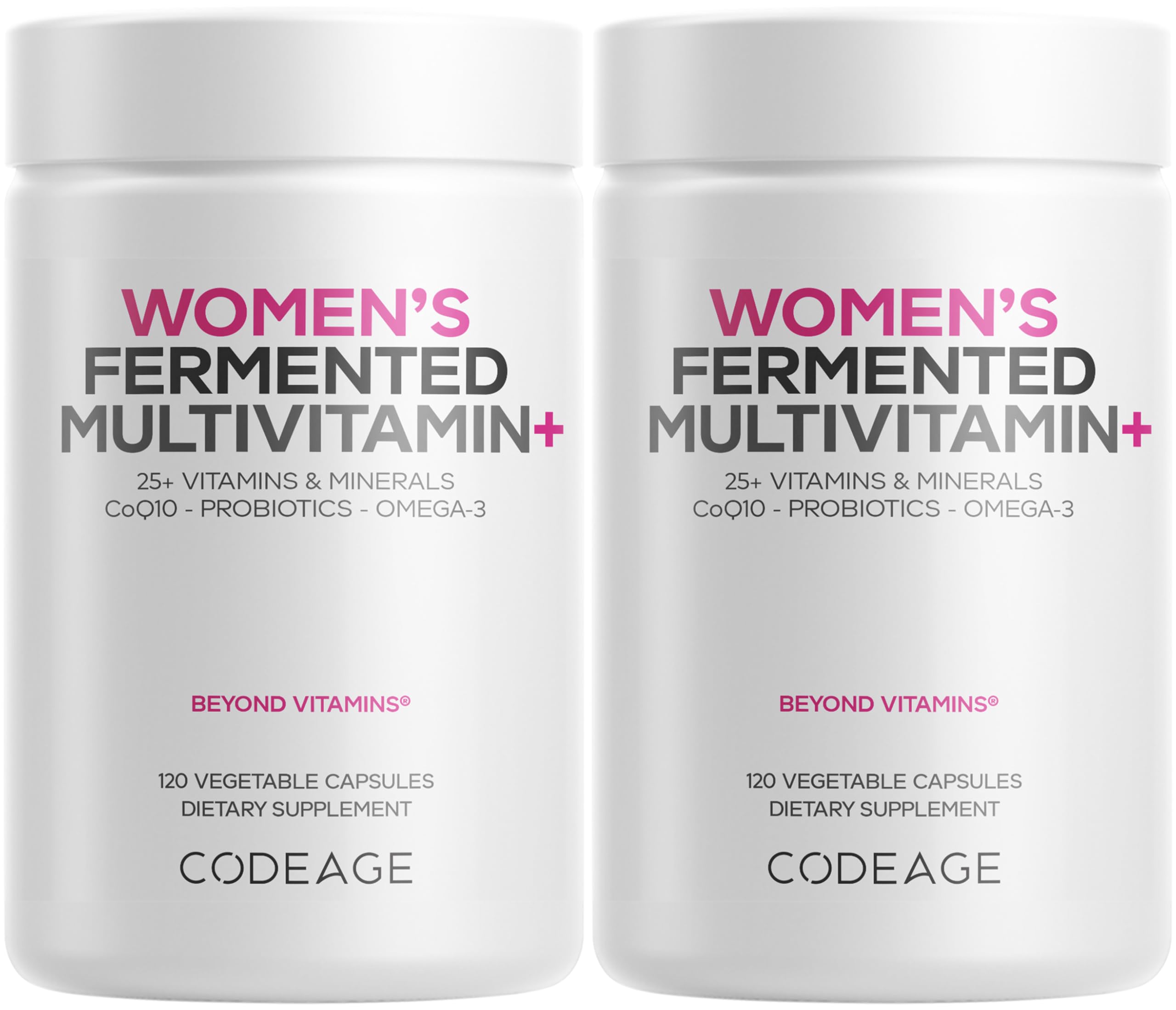 Codeage multivitaminas diarias para mujeres, botella en mano, apoyo a la vitalidad diaria.