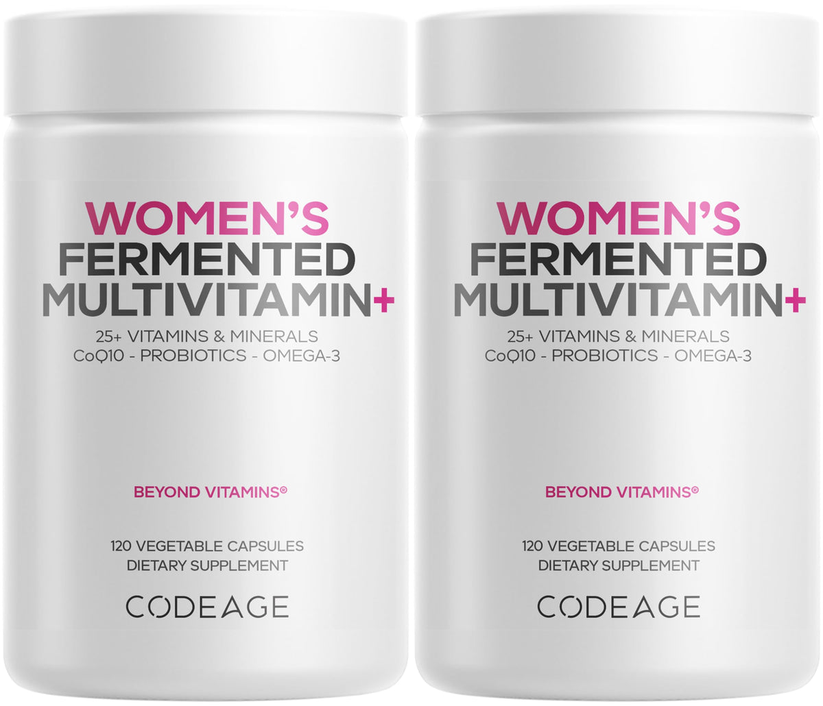 Codeage multivitaminas diarias para mujeres, botella en mano, apoyo a la vitalidad diaria.