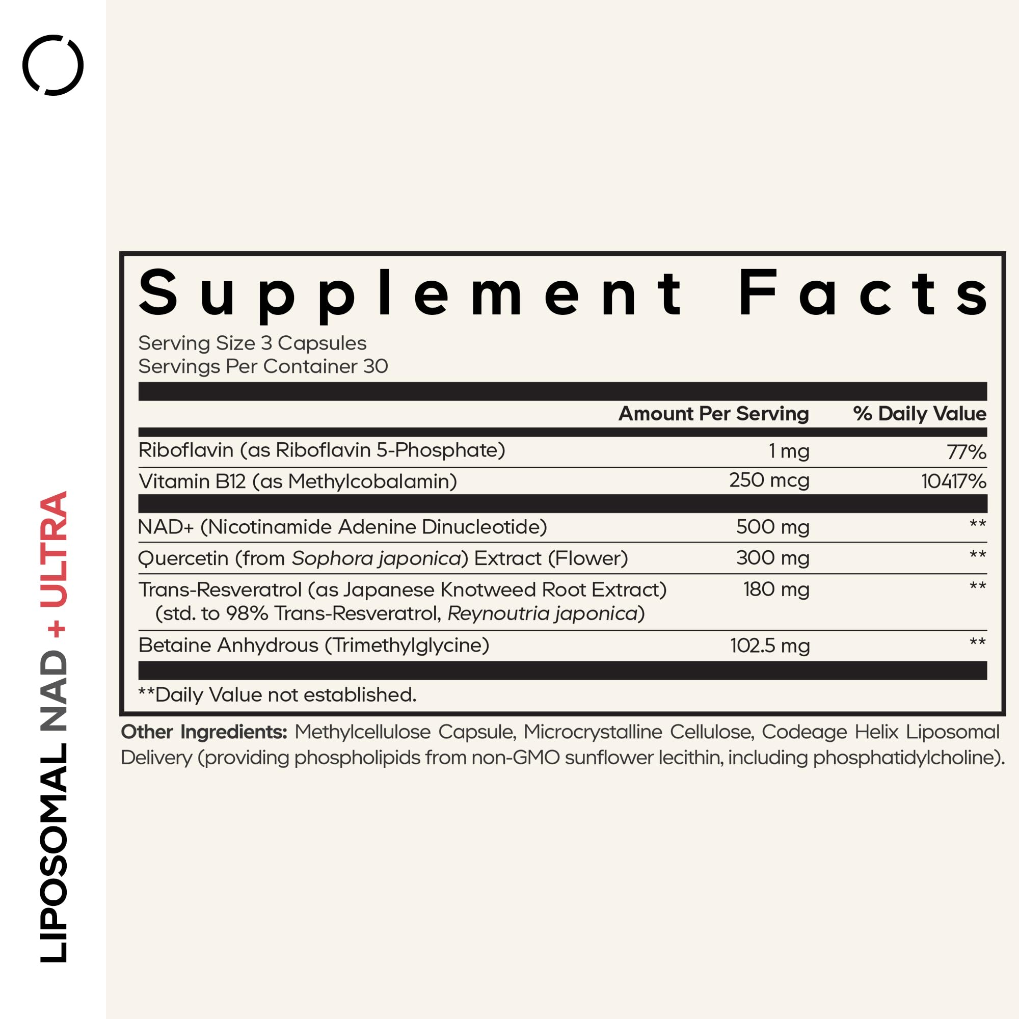 Codeage Liposomal NAD+ etiqueta frontal que destaca la fórmula