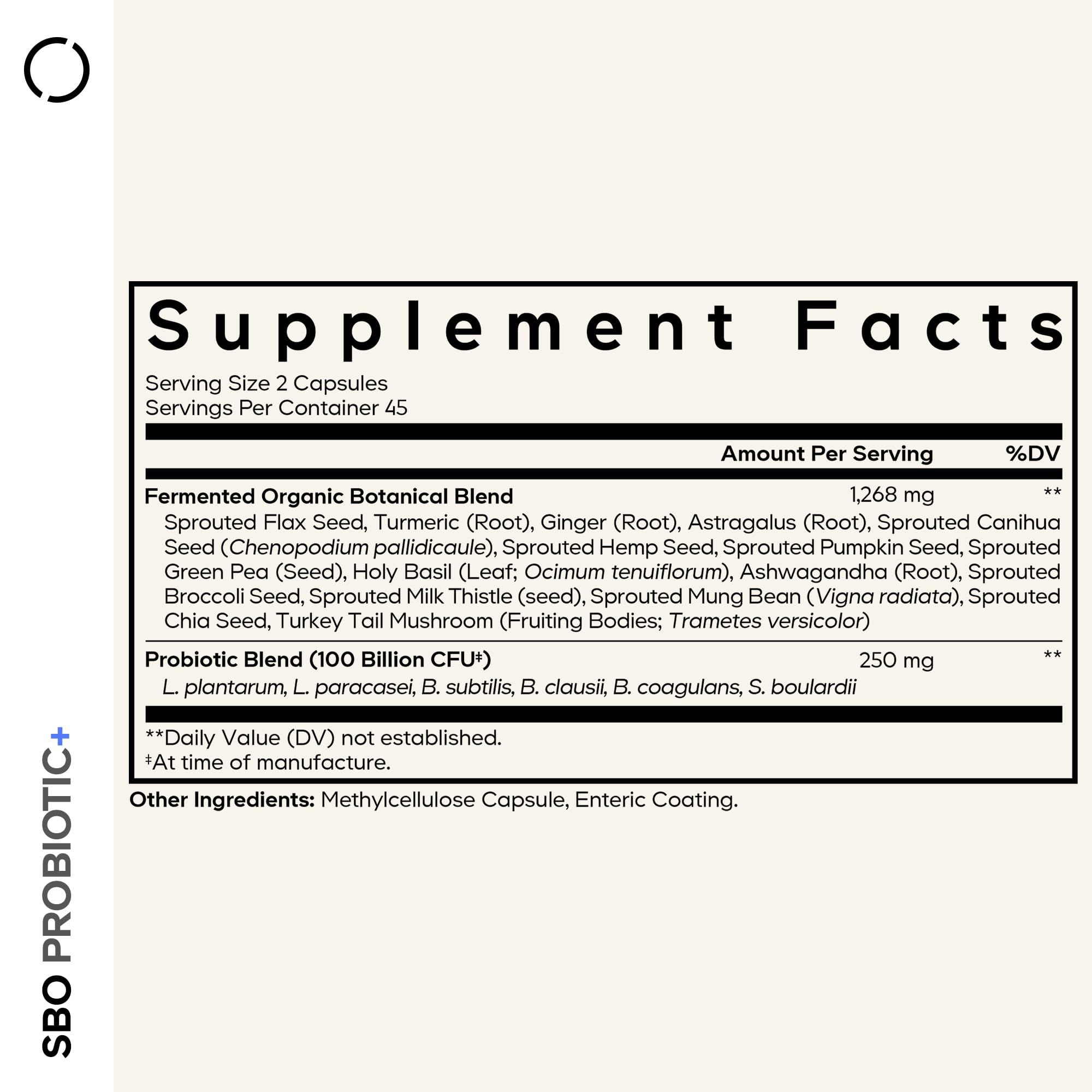 Codeage SBO Probioticos: etiqueta-detalle destaca las 6 cepas y los fermentados vegetales.