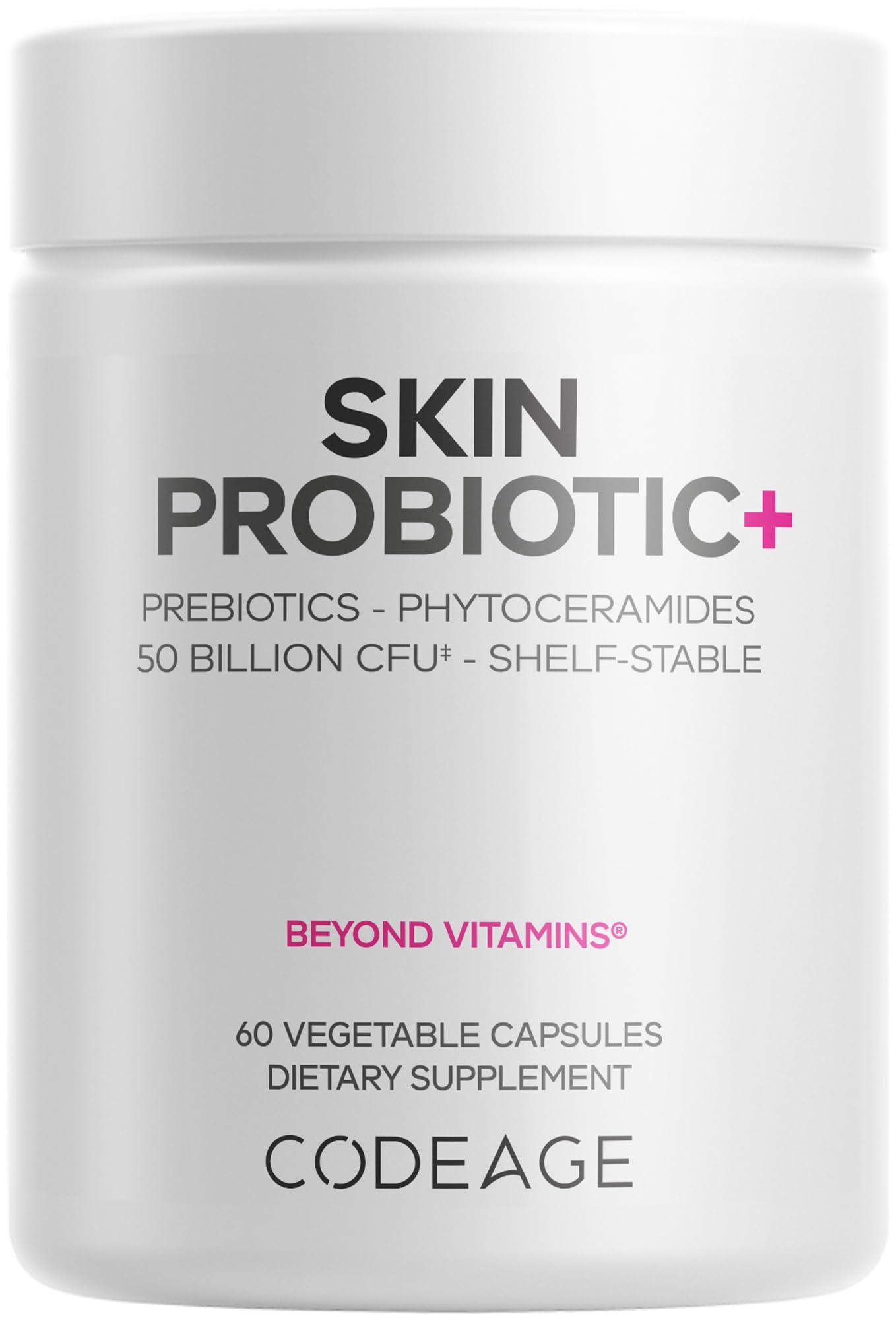 Codeage Skin Probiotics dispensado desde la botella, apoyo a la rutina diaria de la piel.