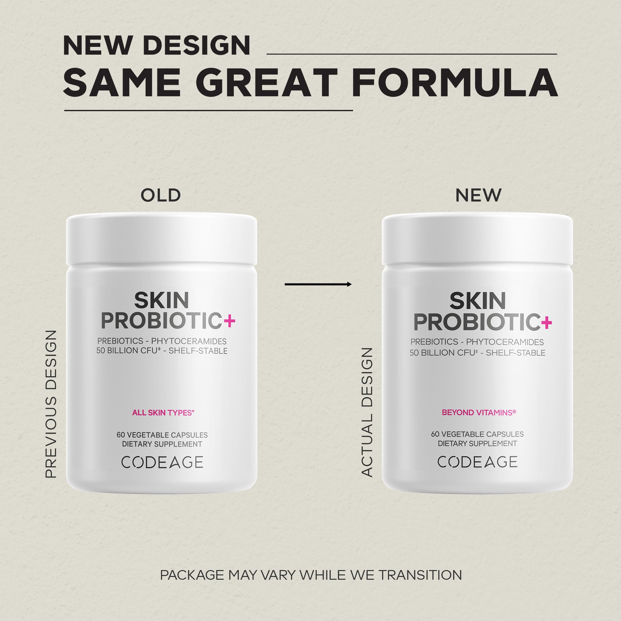 Codeage Skin Probiotics mezcla de 19 cepas para diversidad microbiana de la piel.