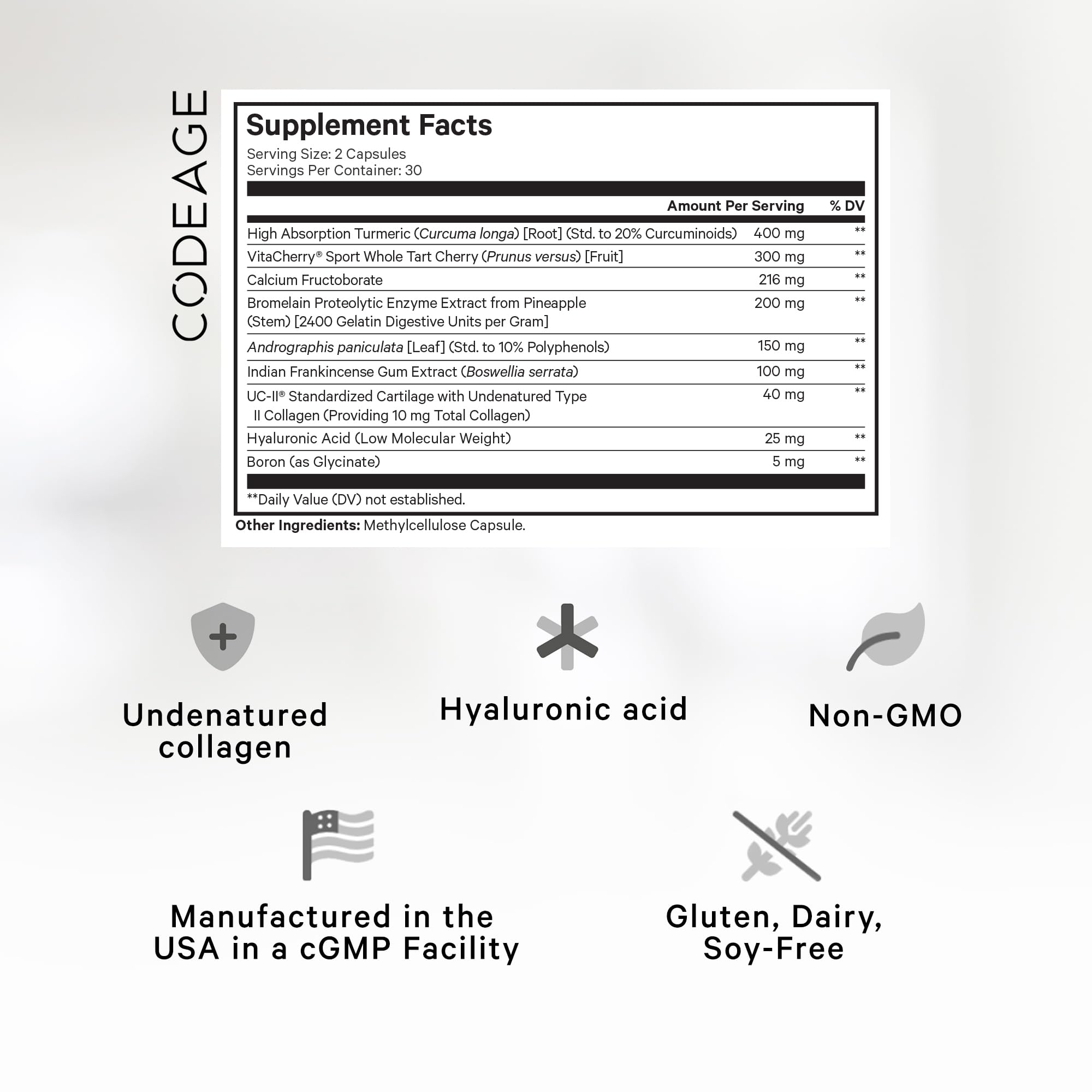 Codeage Supreme Joint Health etiqueta-frontal: lista de ingredientes clave para articulaciones.
