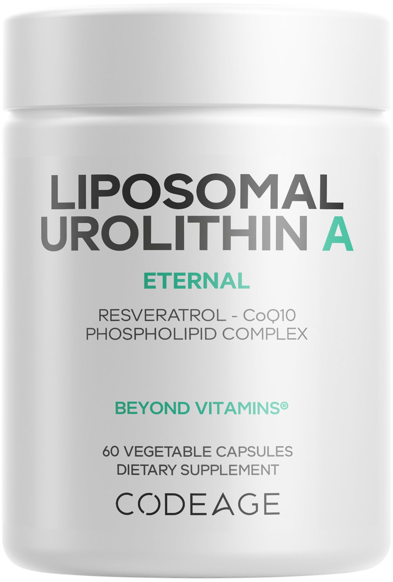 Codeage Urolitina A liposomada en botella para uso diario y absorción mejorada.