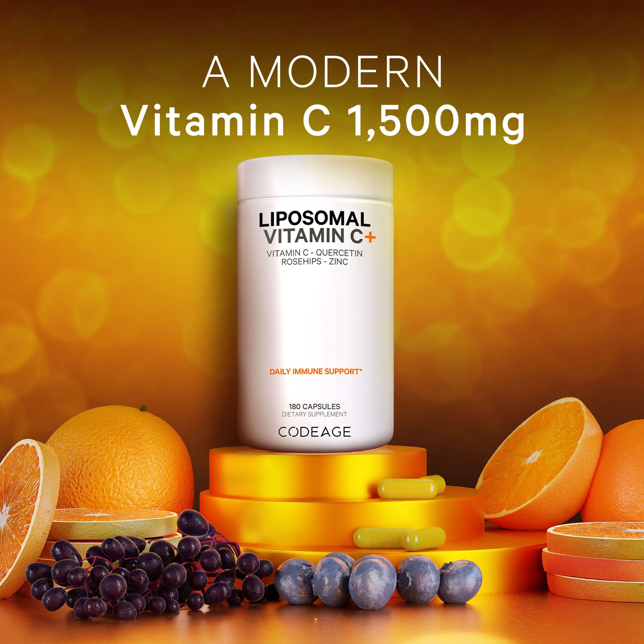Codeage Vitamina C liposomal 1500 mg con zinc, etiqueta legible con ingredientes