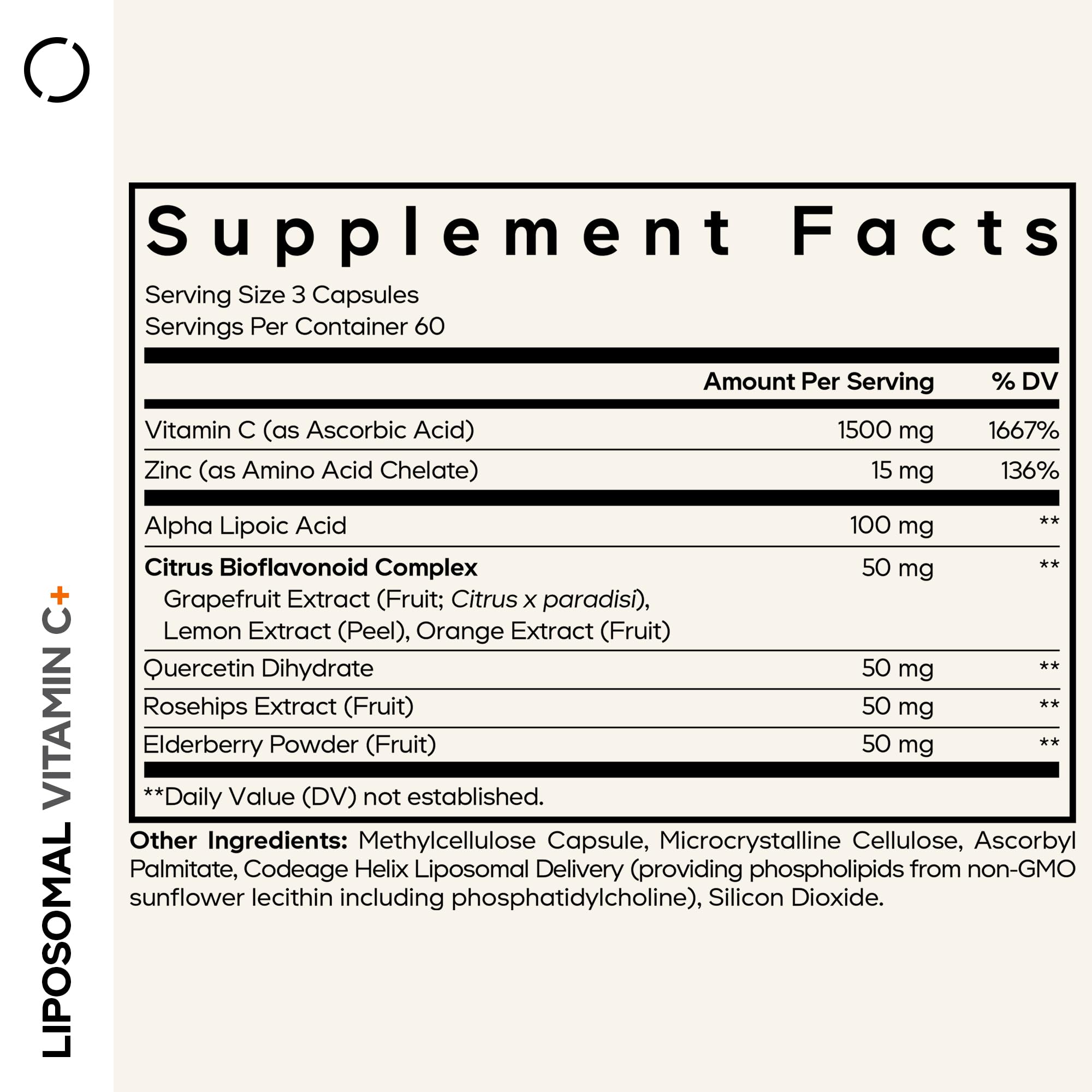 Codeage Vitamina C Liposomal con saúco, frasco mostrado para apoyo estacional.