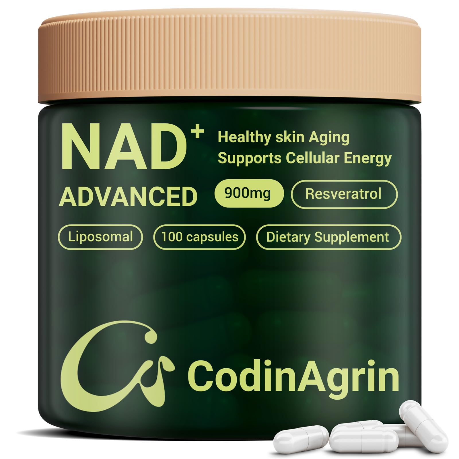 CodinAgrin NAD+ Resveratrol 900mg, botella frontal para energía diaria.