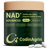 CodinAgrin NAD+ Resveratrol 900mg, botella frontal para energía diaria.