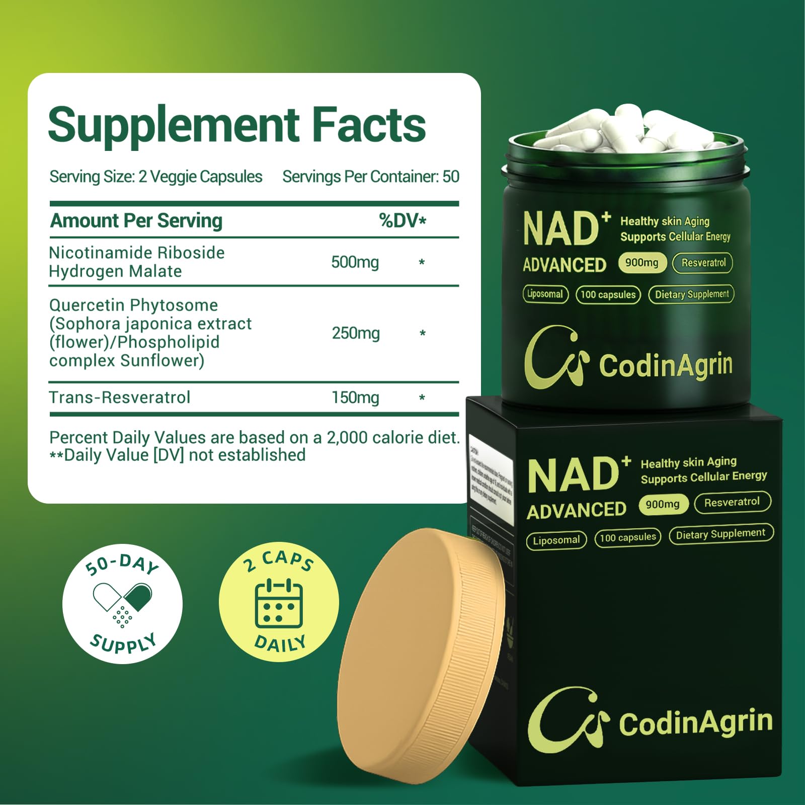 CodinAgrin NAD+ Resveratrol 900mg, etiqueta detallada para bienestar general.