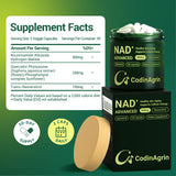 CodinAgrin NAD+ Resveratrol 900mg, etiqueta detallada para bienestar general.