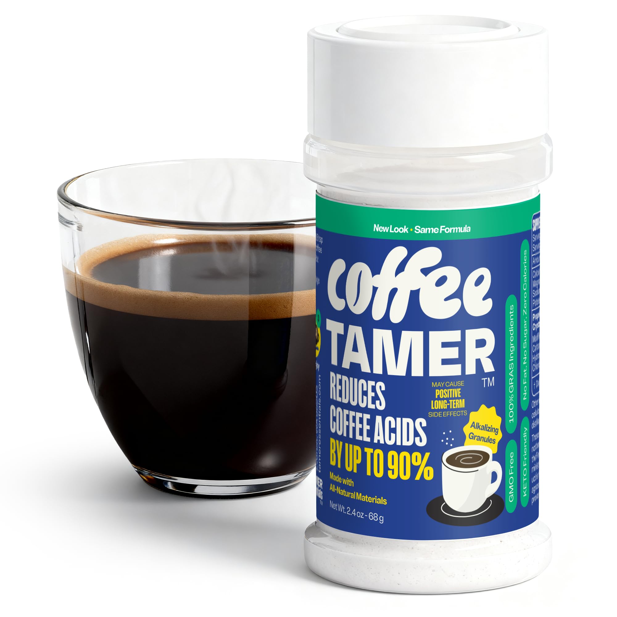 Coffee Tamer: polvo reductor de acidez en frasco compacto.