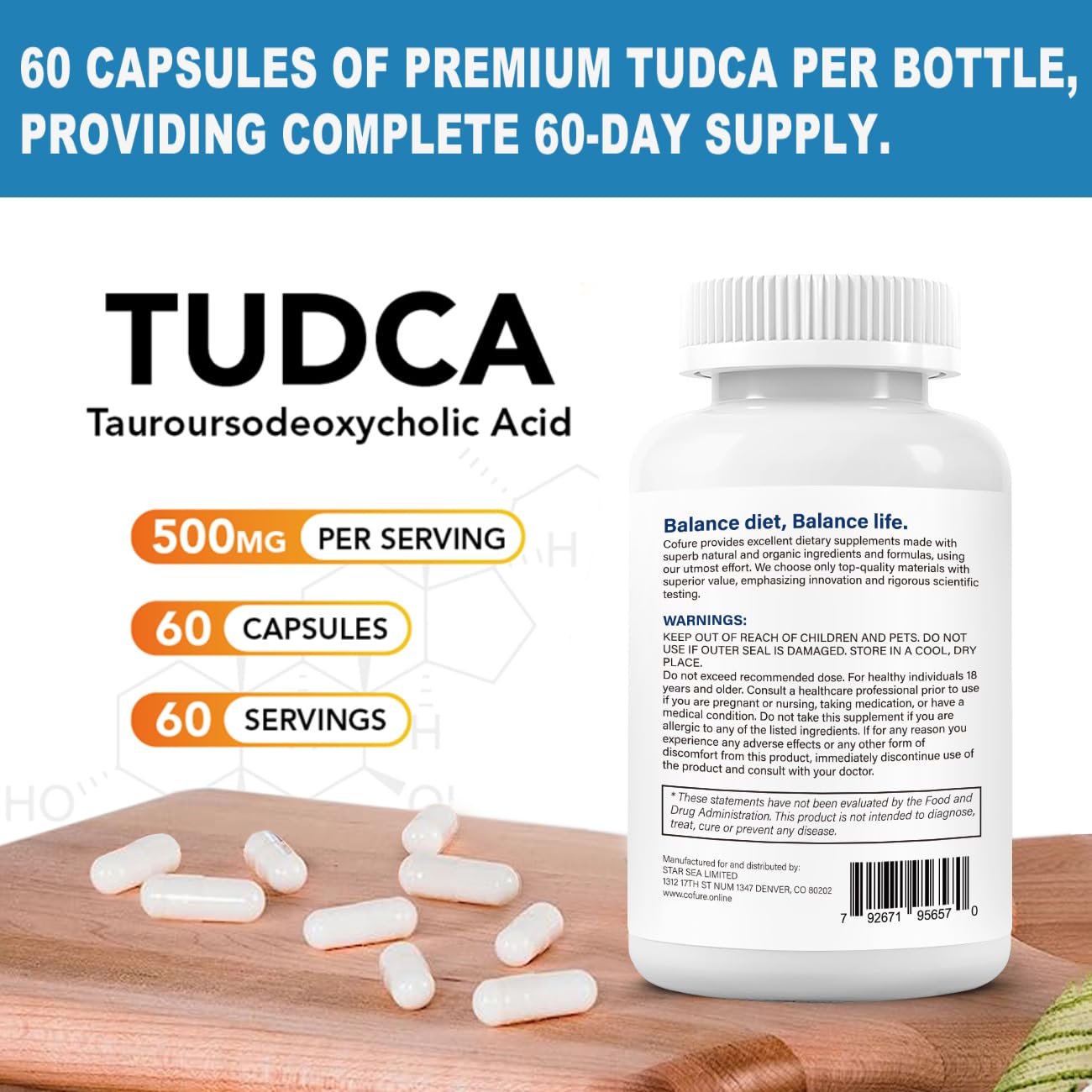 Cofure Tudca 500 mg etiqueta sin gluten apta para dietas