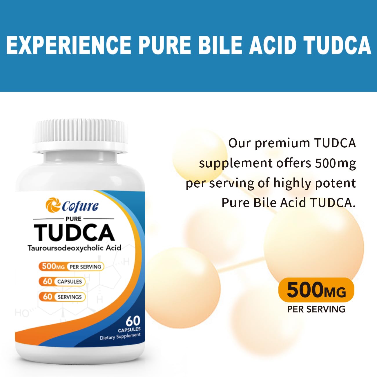 Cofure Tudca 500 mg frasco lateral destaca pureza del 98%