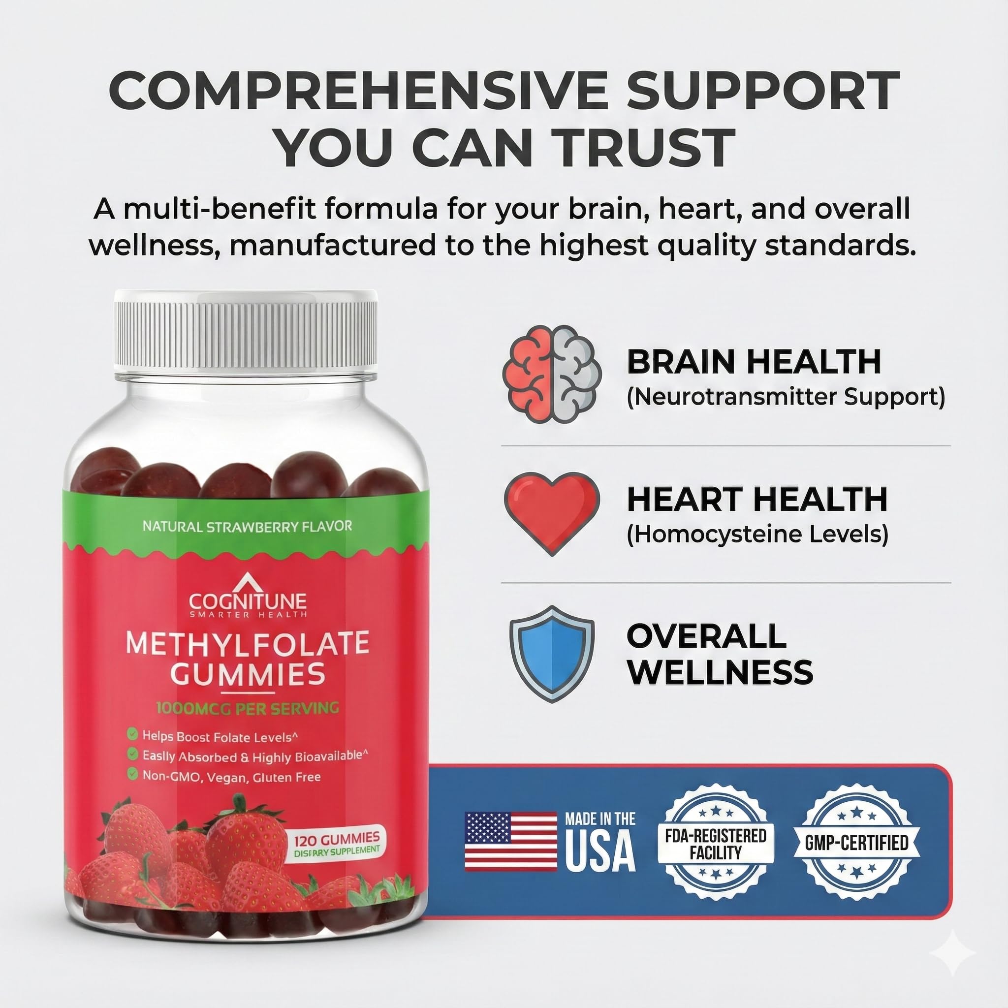 CogniTune gomitas L-Methylfolate fresa, aptas para uso diario de adultos