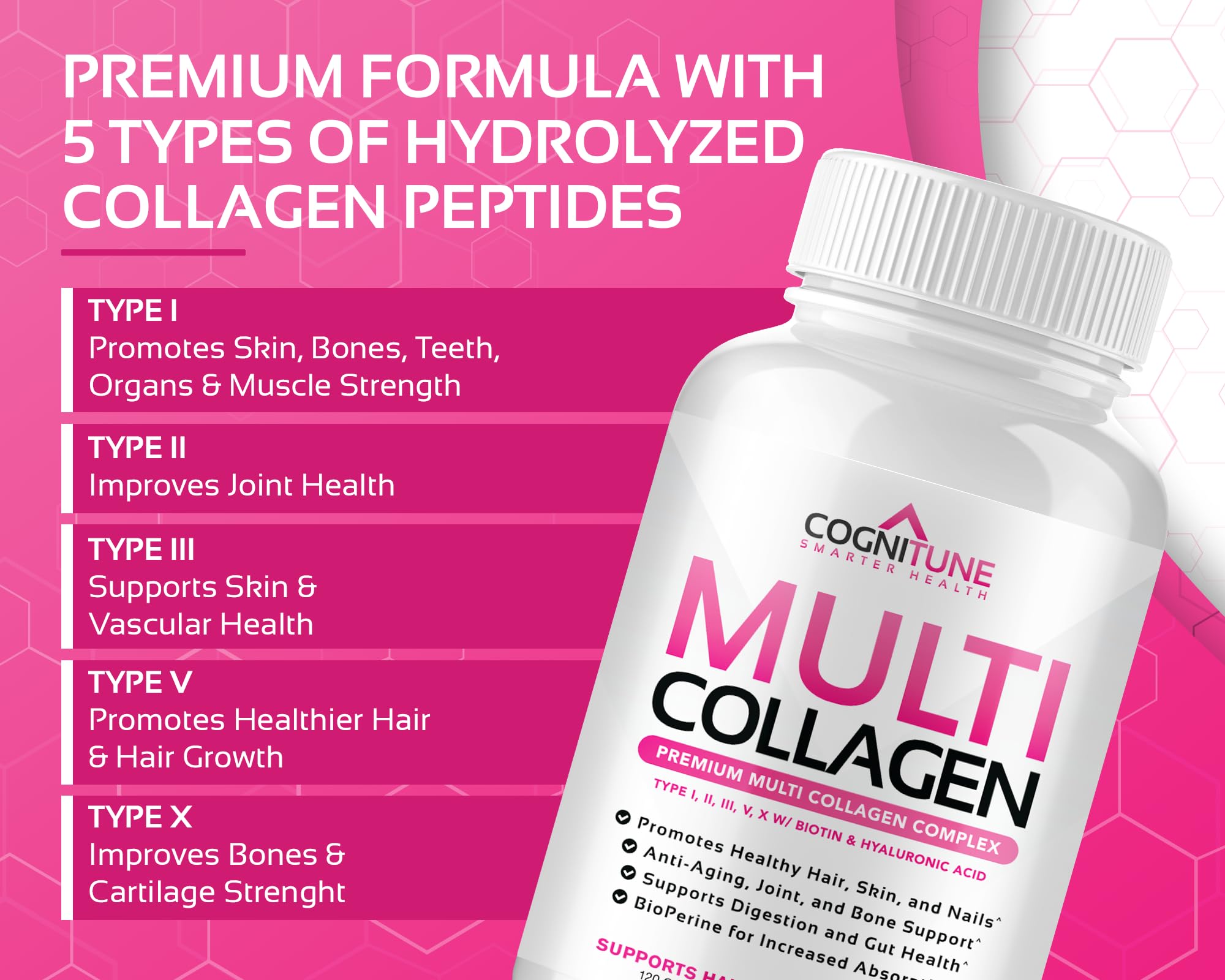 CogniTune Multi Colágeno etiqueta de ingredientes presenta cinco tipos de colágeno.