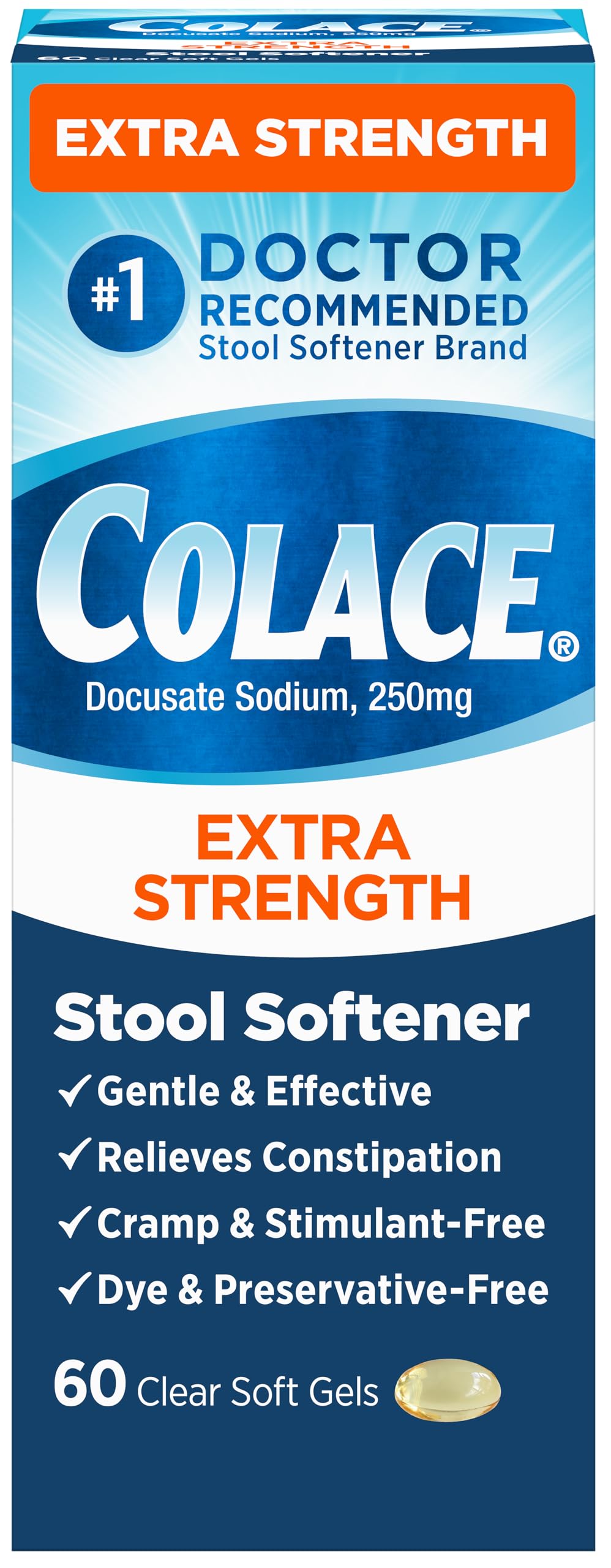 Colace, botella de cápsulas 250 mg, facilita un paso suave en el estreñimiento.