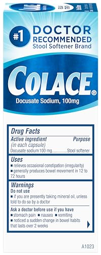 Colace cápsulas 100 mg, envase trasero, fórmula sin estimulantes para mayor comodidad.