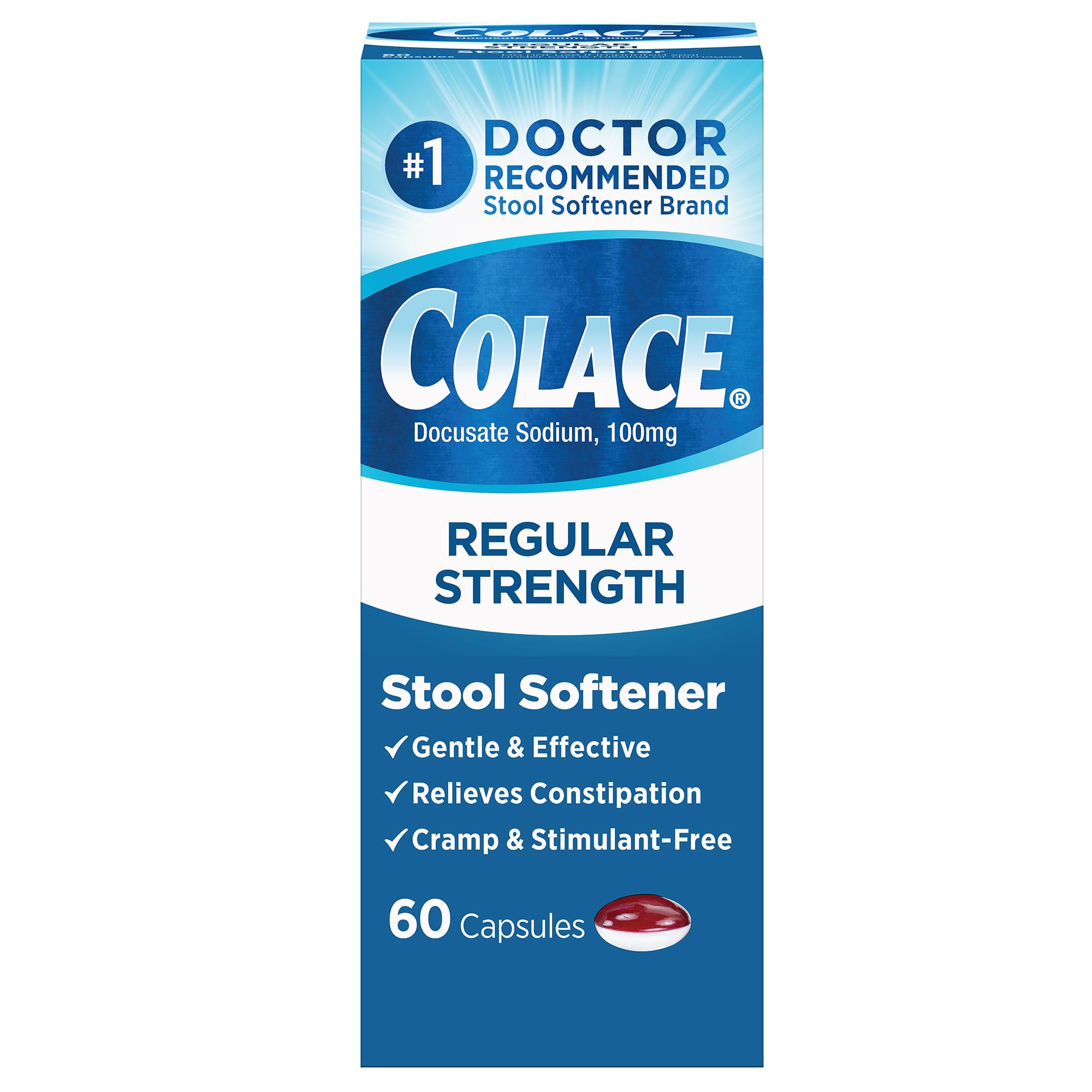 Colace cápsulas 100 mg, envase frontal, ayuda suave para la regularidad intestinal.
