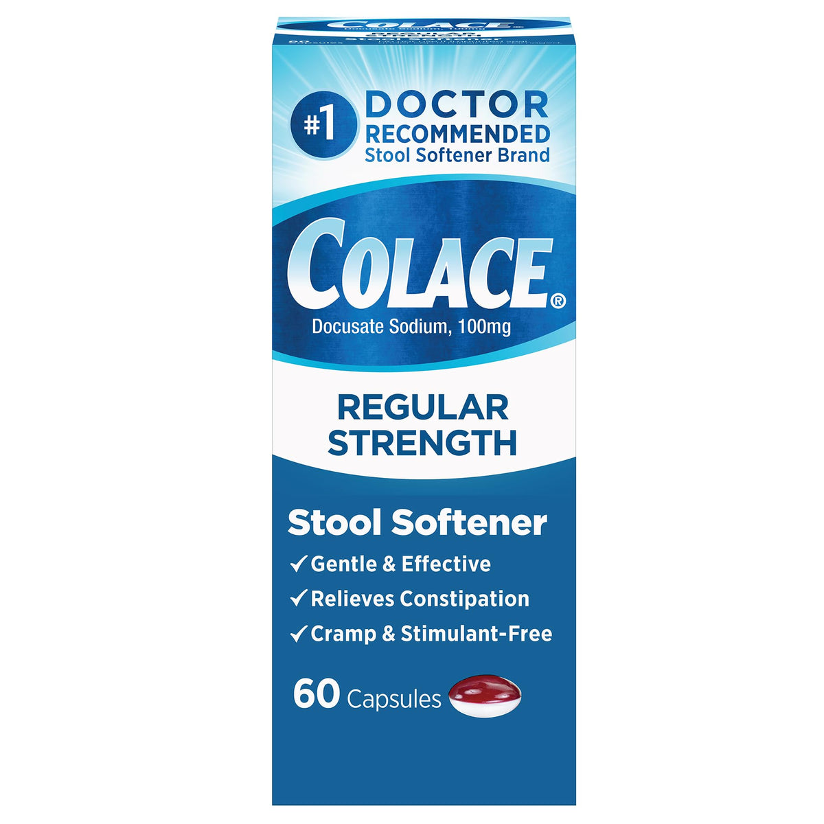 Colace cápsulas 100 mg, envase frontal, ayuda suave para la regularidad intestinal.