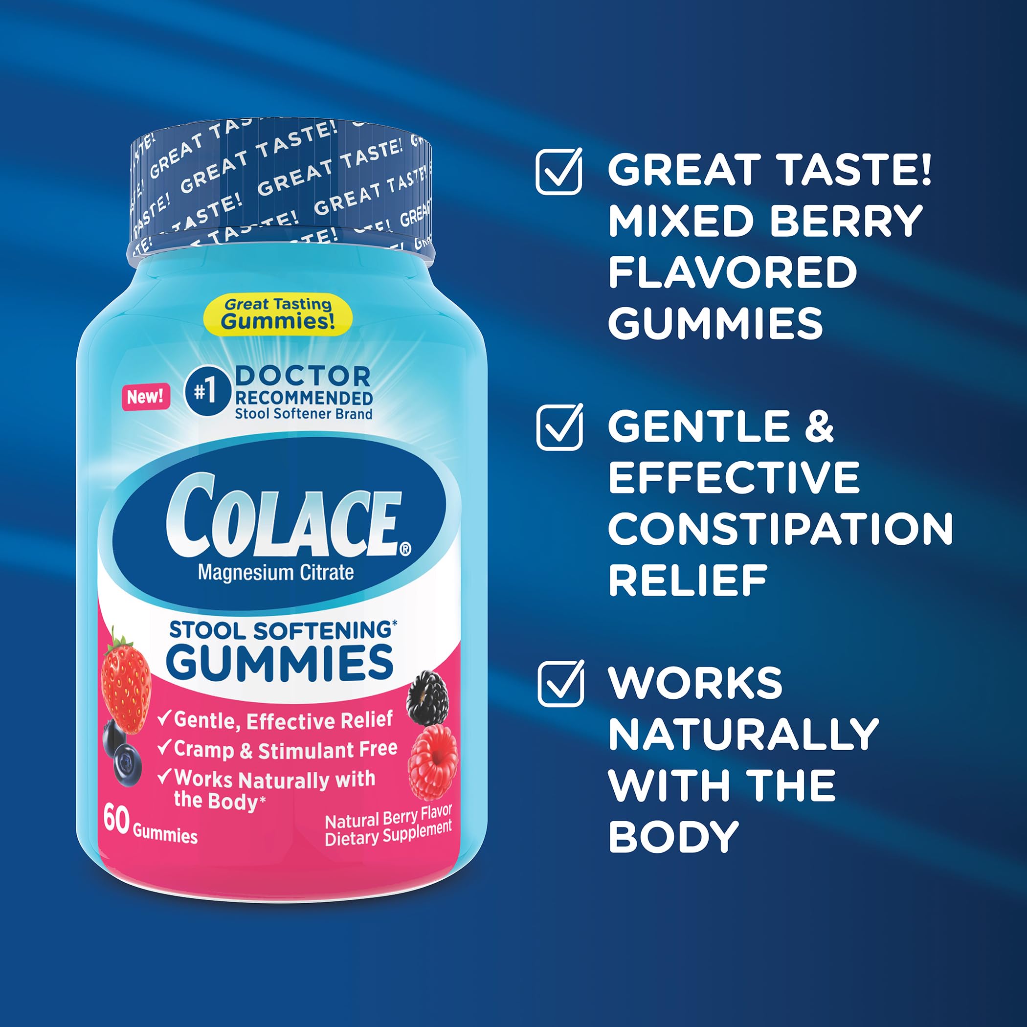 Colace gomitas-embalaje 60ct: empaque práctico para tener a mano.
