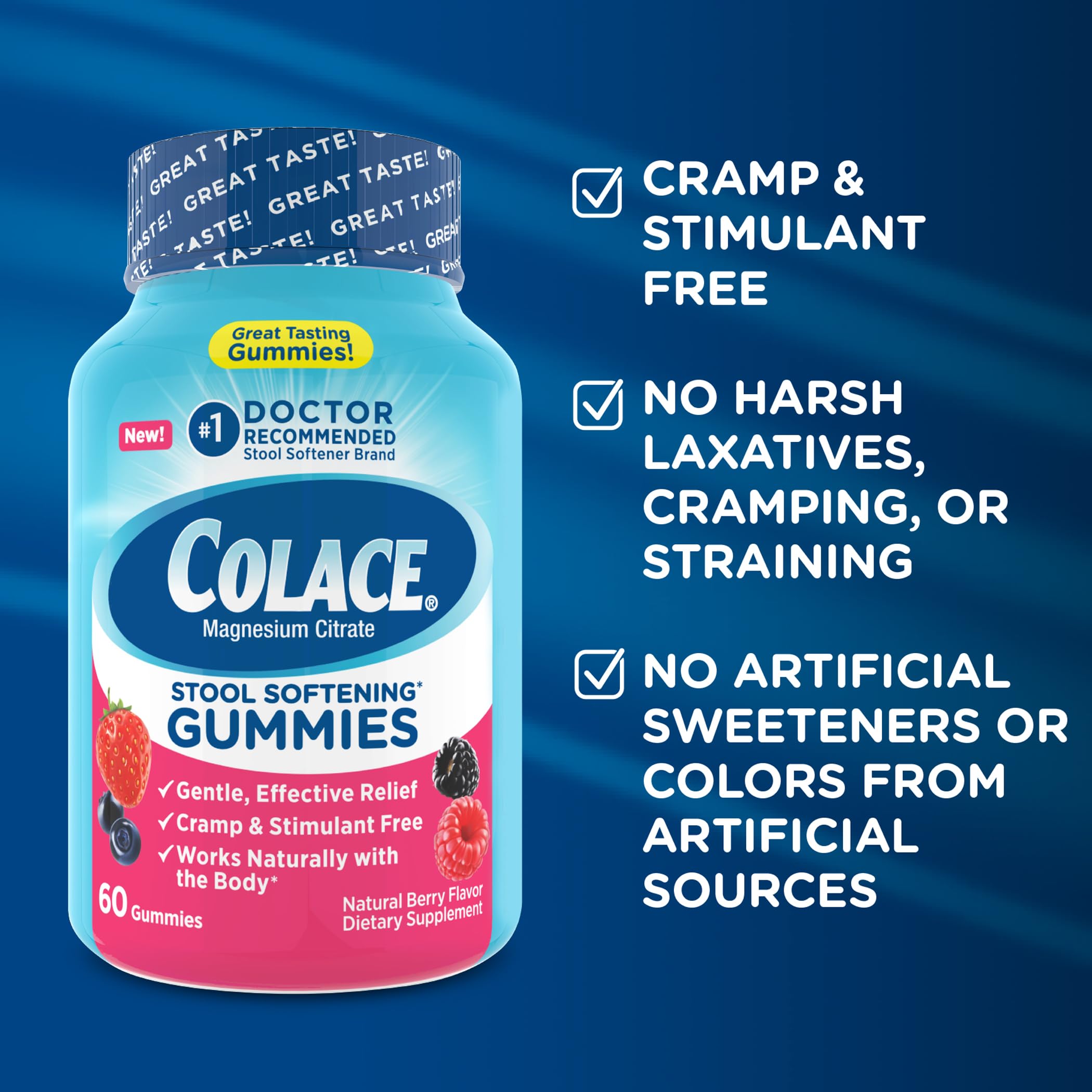 Colace gomitas sin estimulantes: alivio suave sin laxantes fuertes.