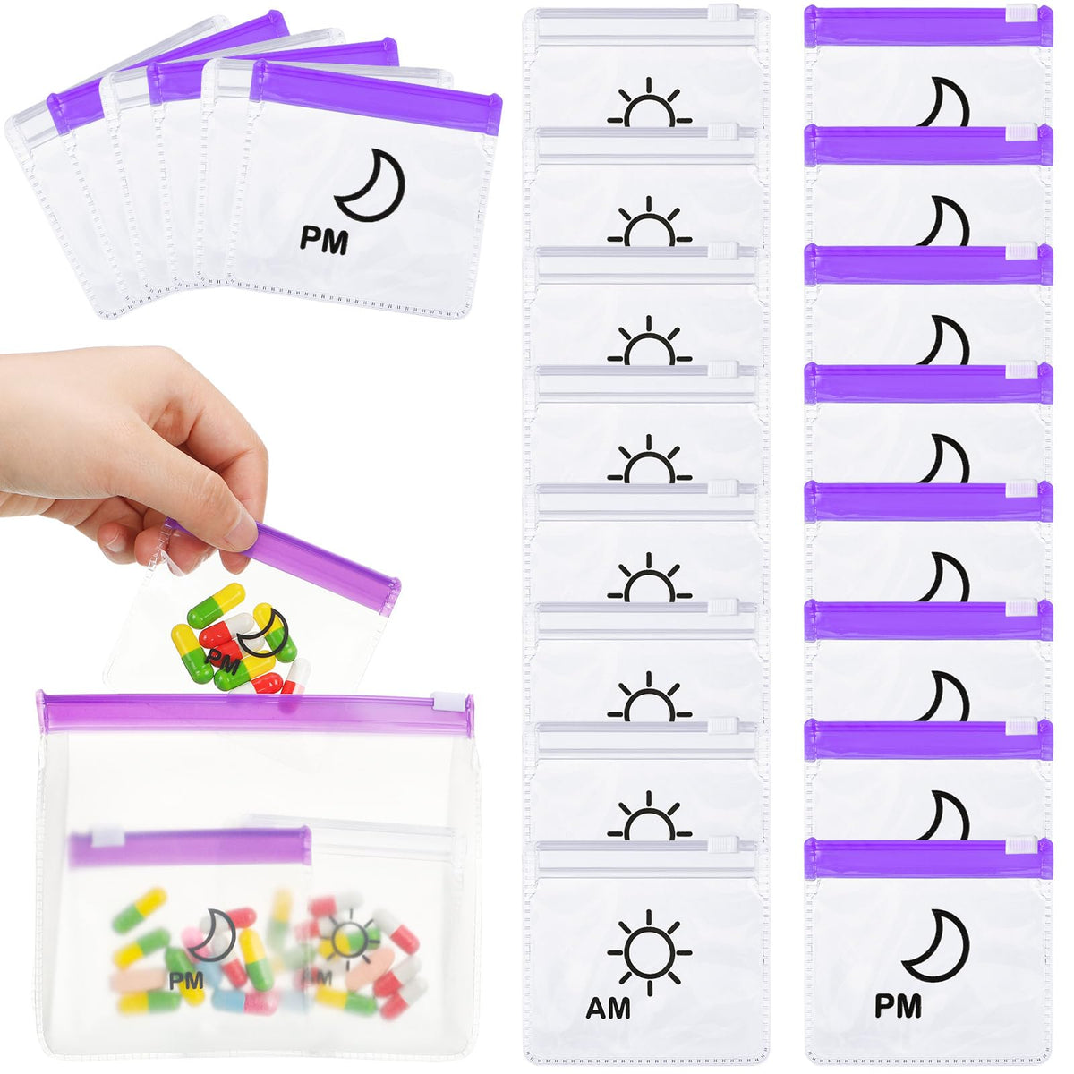 Colarr bolsas para pastillas AM PM con cremallera para organización diaria.