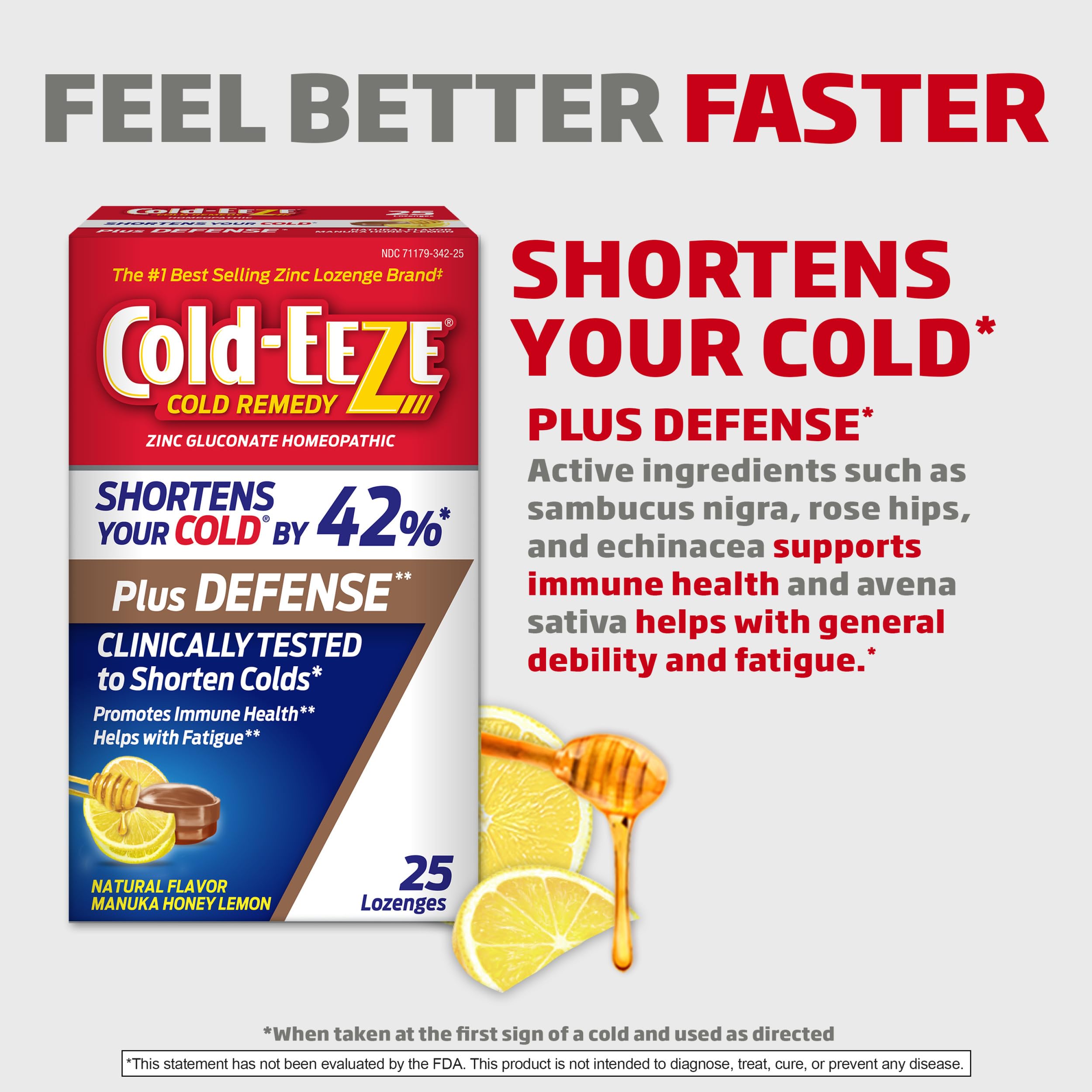 Cold-Eeze Plus Defense: ingredientes naturales Sambucus nigra y Echinacea para apoyo inmunitario.