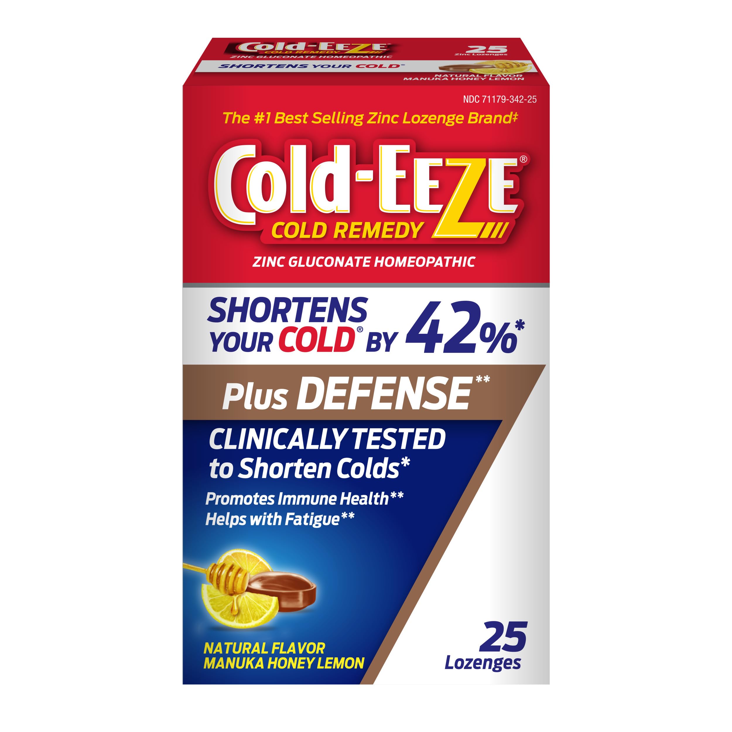 Pastillas Cold-Eeze Plus Defense sabor miel-manuka limón para alivio potencial de resfriado.