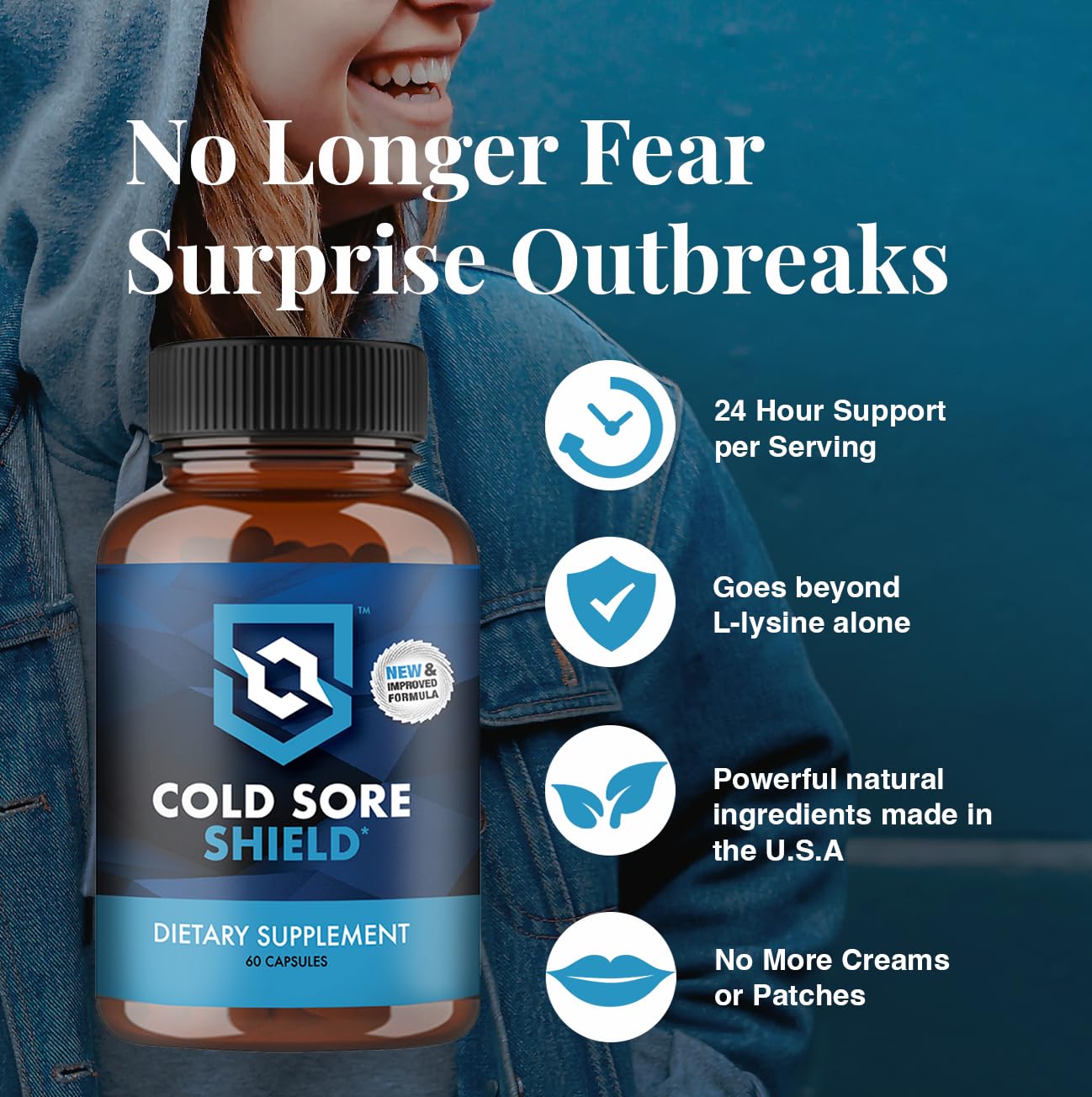 Envase Cold Sore Shield elegante, ideal para viaje y uso continuo