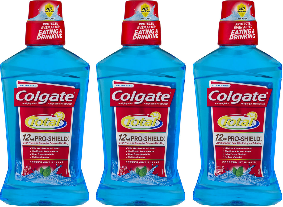 Colgate Advanced Pro-Shield enjuague bucal, frente de la botella, sensación de frescura mentolada.