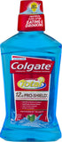 Colgate Advanced Pro-Shield enjuague bucal, vista de la tapa, promesa de aliento fresco.