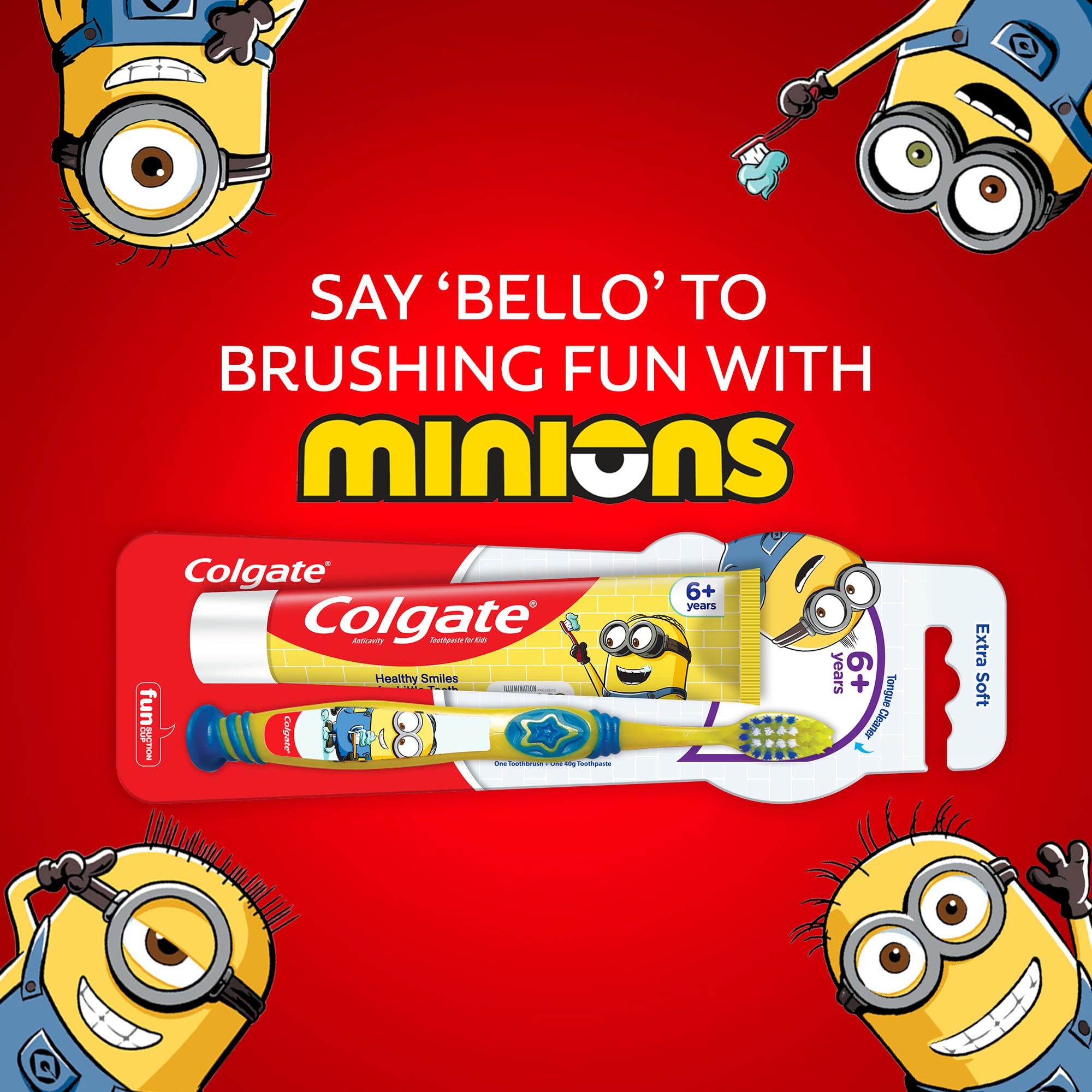 Punta elevada del cepillo Colgate Kids Minion para alcanzar dientes traseros.