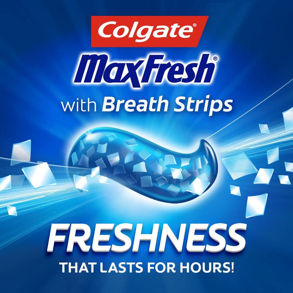 Colgate Max Fresh, uso diario en el baño con cepillo y pasta.