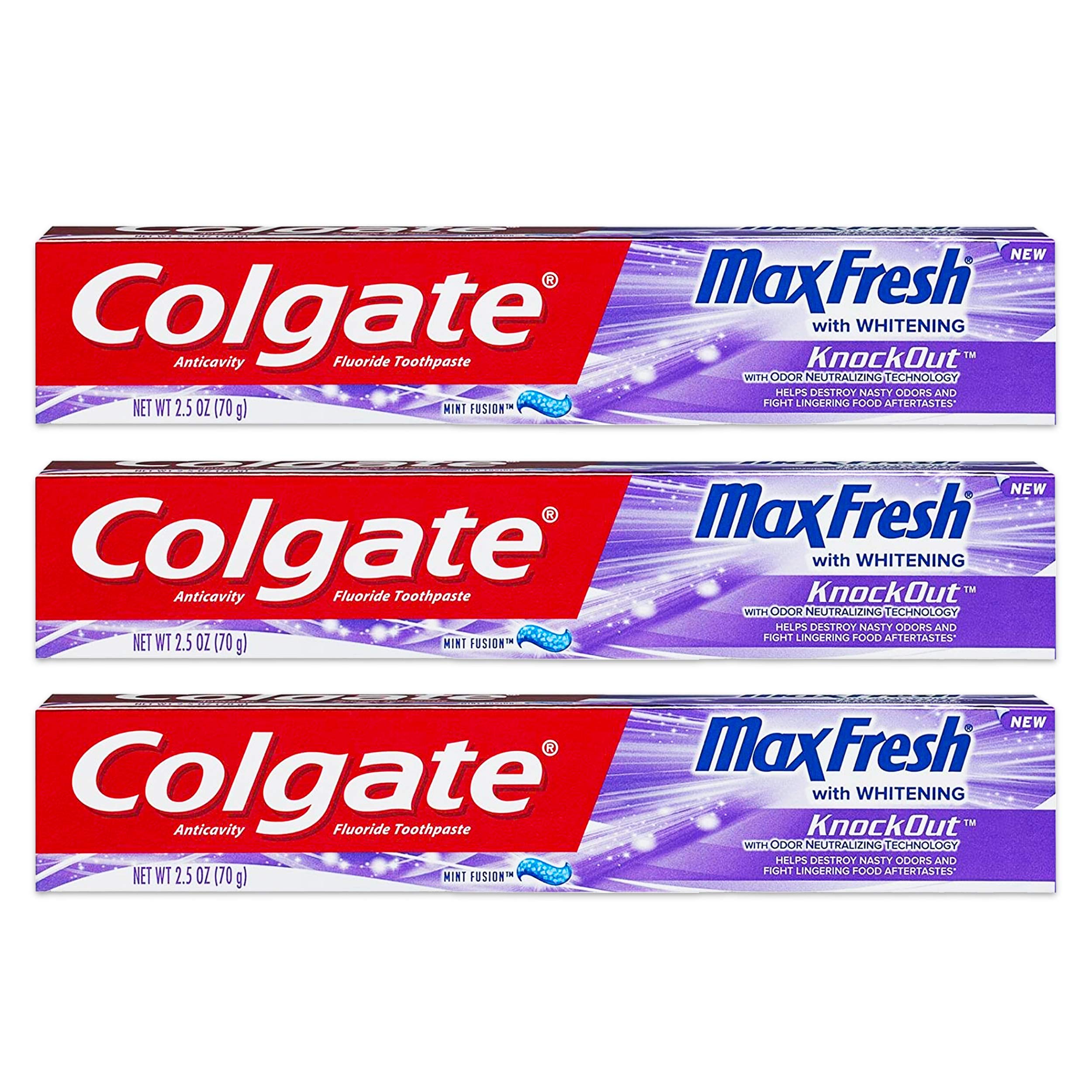 Colgate MaxFresh KnockOut Gel close-up shows whitening benefits and fresh breath after brushing.