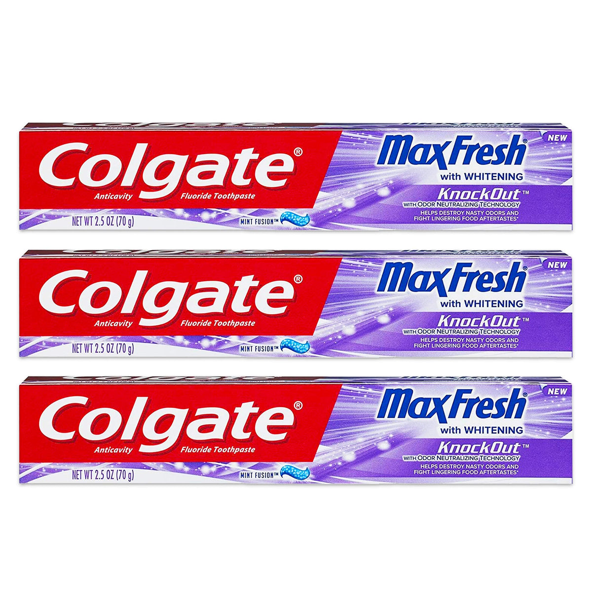 Colgate MaxFresh KnockOut Gel toothpaste tube with fusion mint for long-lasting breath.