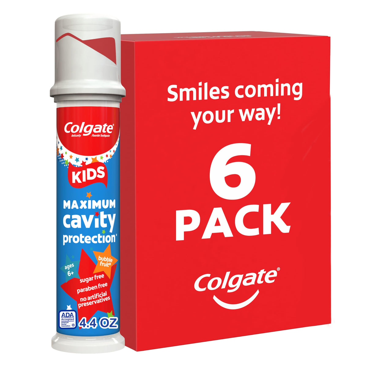 Colgate Kids con fluoruro y dosificador, enfoque en tubo, para cepillado diario.