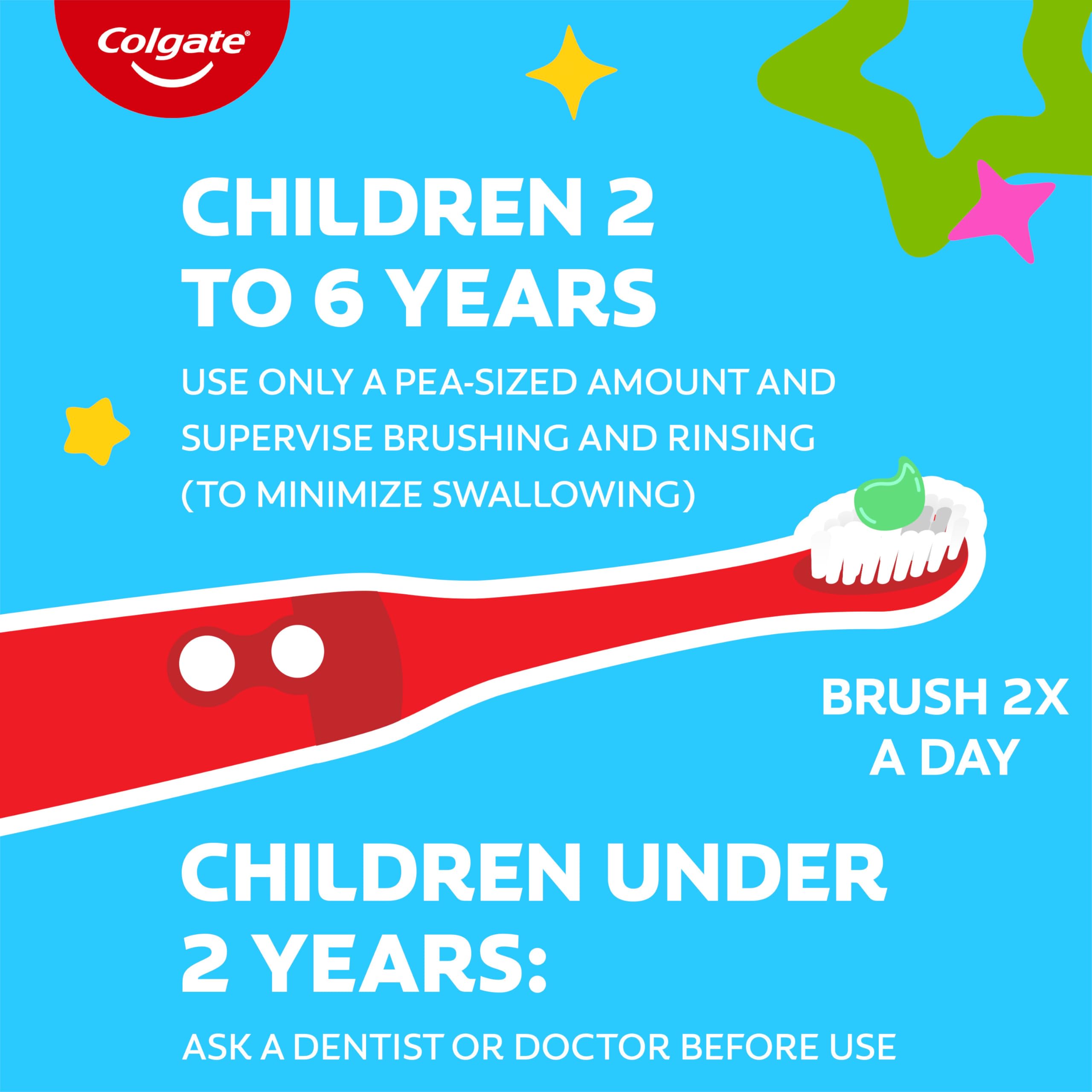 Colgate Kids fórmula fluoruro para proteger el esmalte dental.