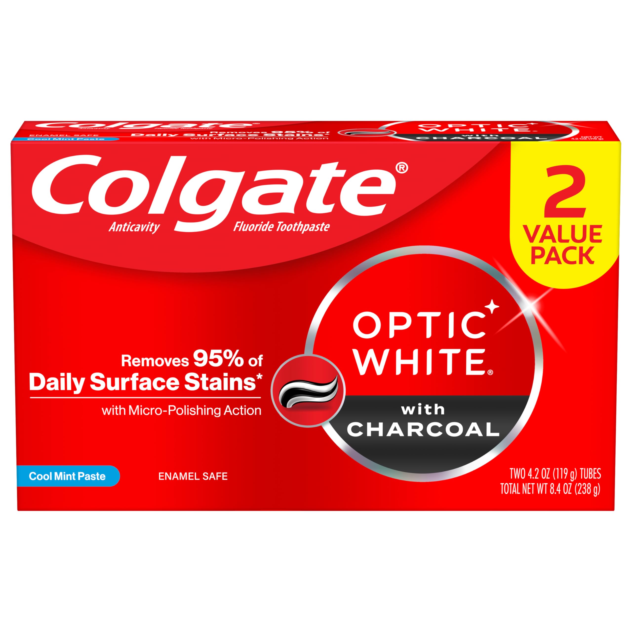 Colgate Optic White Charcoal: paquete de dos tubos listo para usar