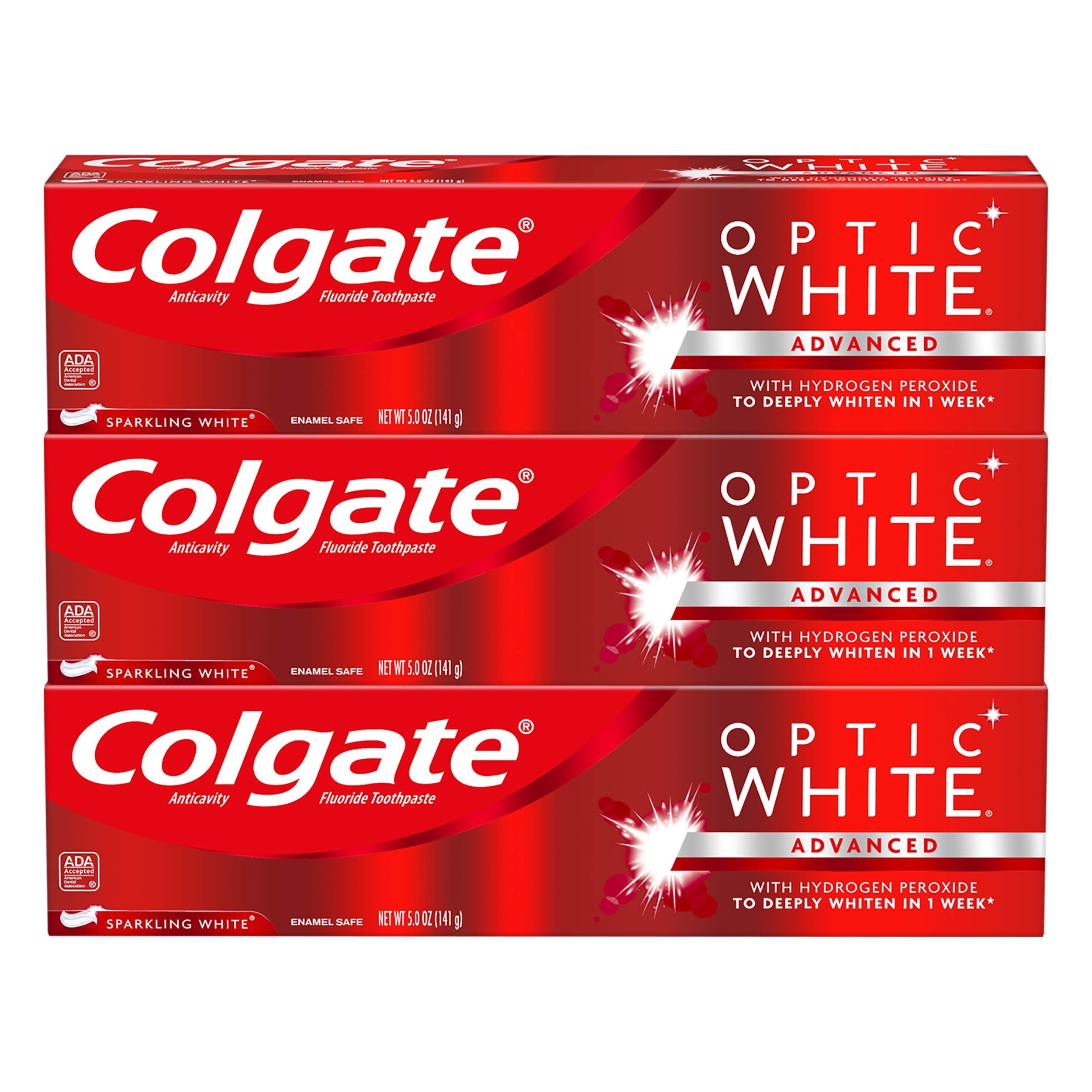 Colgate Optic White pasta dientes menta espumosa para aliento fresco y limpieza diaria.
